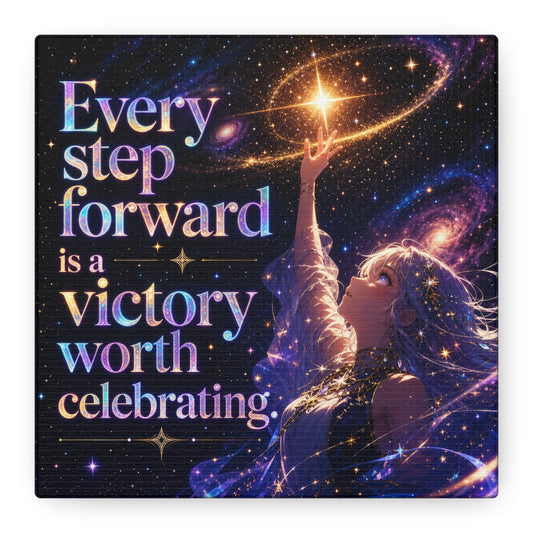 "Every Step Forward Is A Victory Worth Celebrating" Inspirational Canvas Wall Art - Cosmic Anime Girl Galaxy Quote Print - Celestial Purple Blue Decor - Bedroom Home Decoration - Office Wall Art