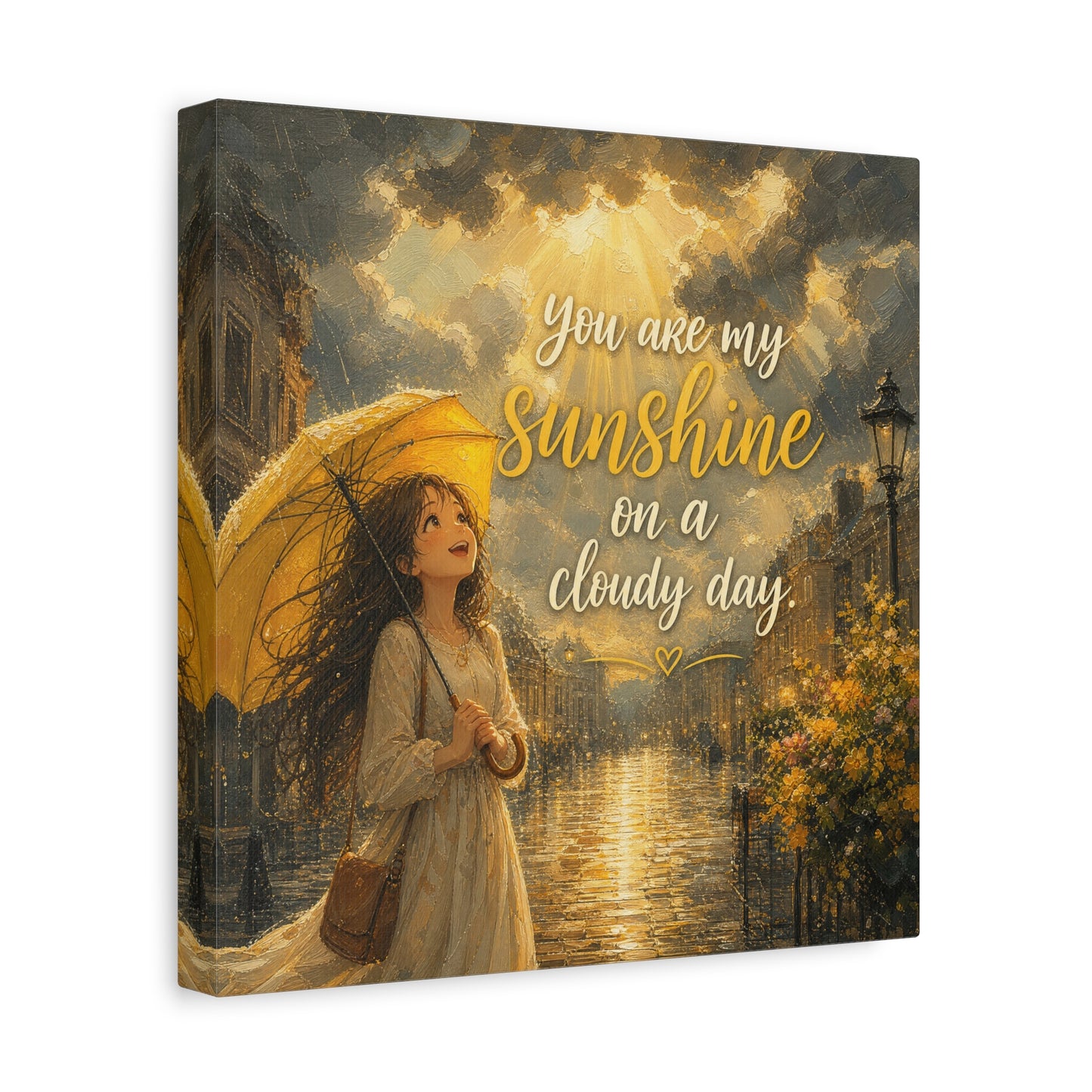 "You Are My Sunshine On A Cloudy Day" Canvas Wall Art - Girl With Yellow Umbrella Quote Print - Golden Rainy Street Painting, Inspirational Decor - Bedroom Home Decoration - Living Room Wall Decor