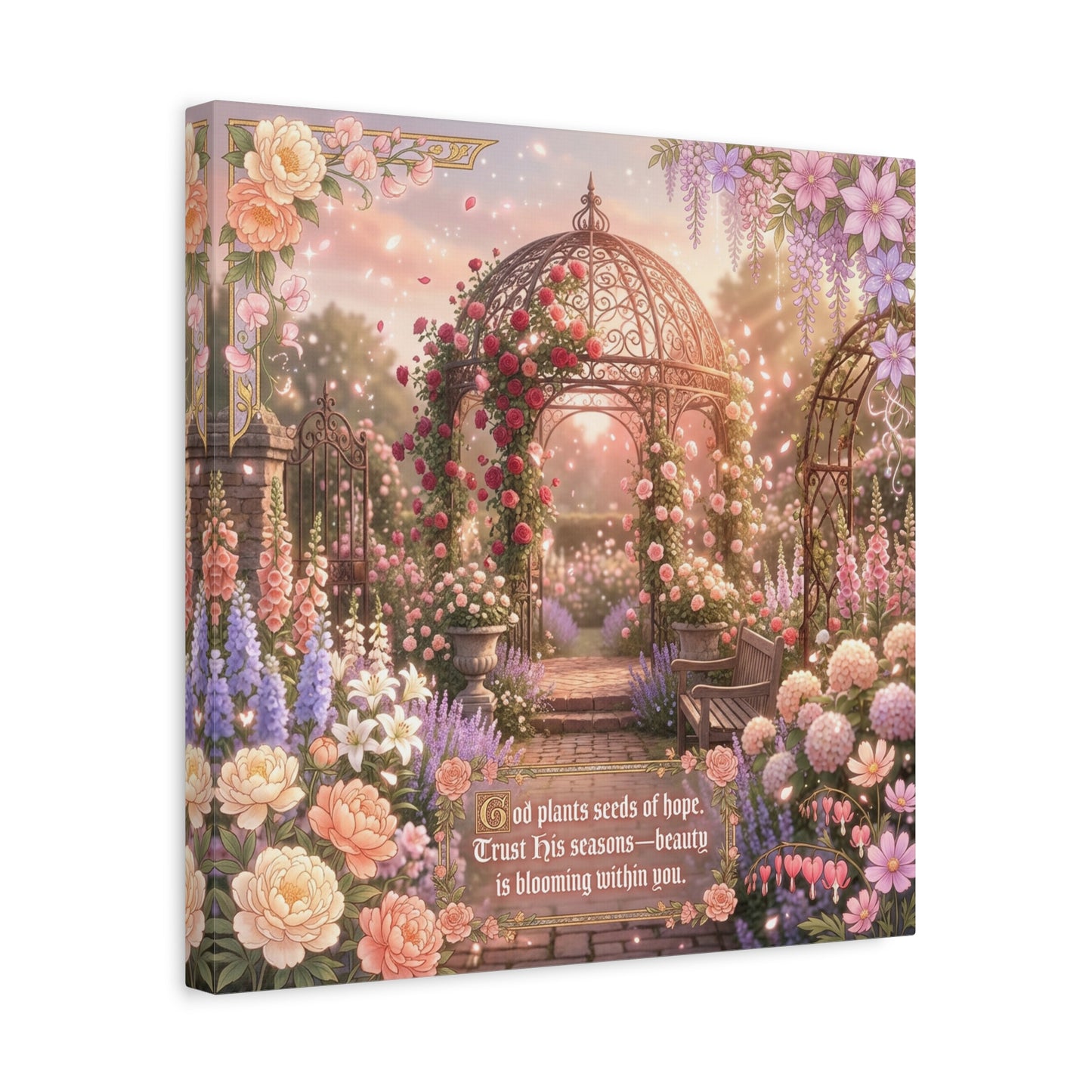 "God Plants Seeds Of Hope" Floral Garden Canvas Wall Art - Romantic Rose Gazebo Scripture Quote Print - Matte Botanical Cottagecore Decor - Bedroom Living Room Home Decoration - Living Room Wall Decor