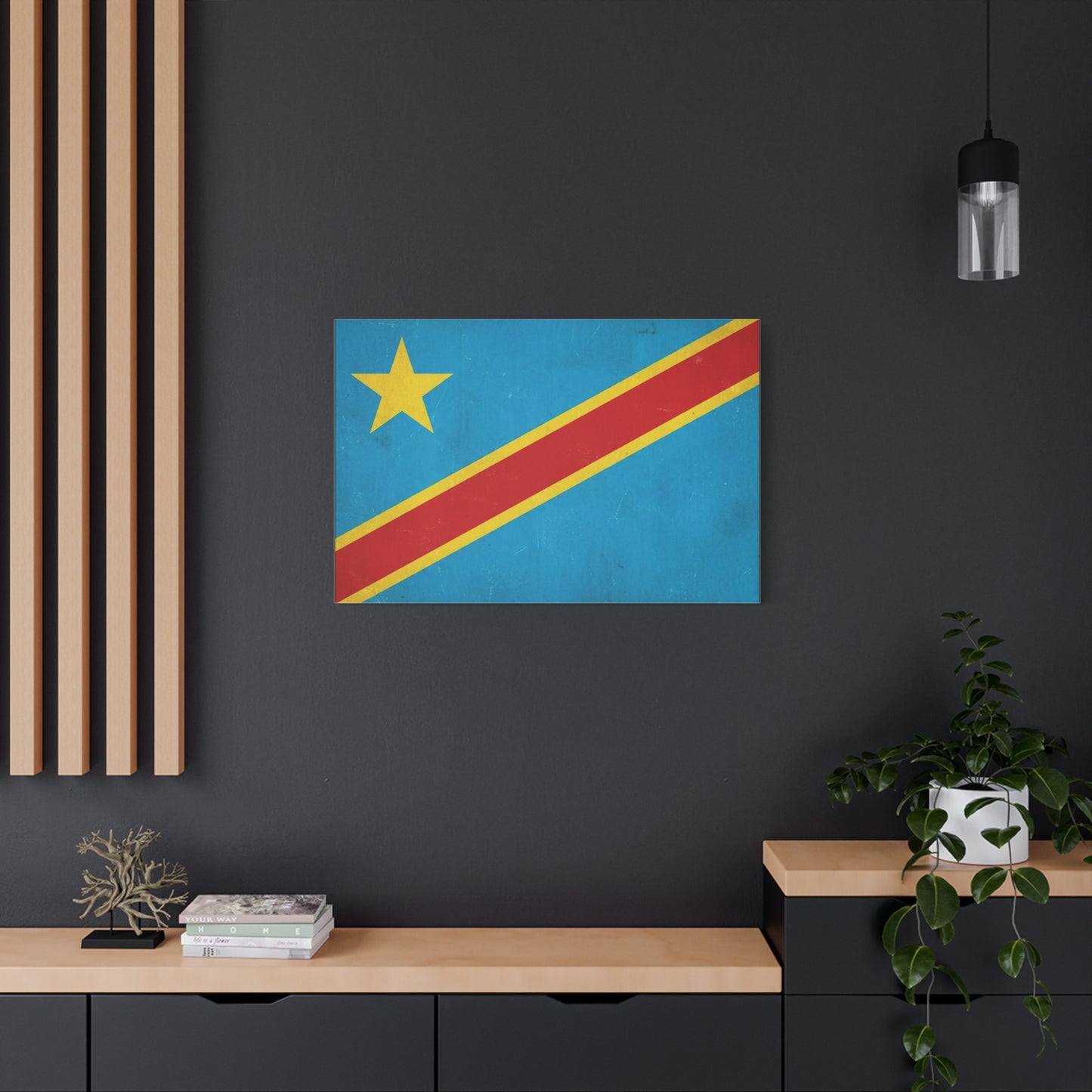 Democratic Republic Of The Congo Flag Canvas Wall Art - Vintage Patriotic Country Print, Distressed Blue Red Yellow Design - Cultural Pride Decor - Living Room Bedroom Office Accent - Office Wall Art