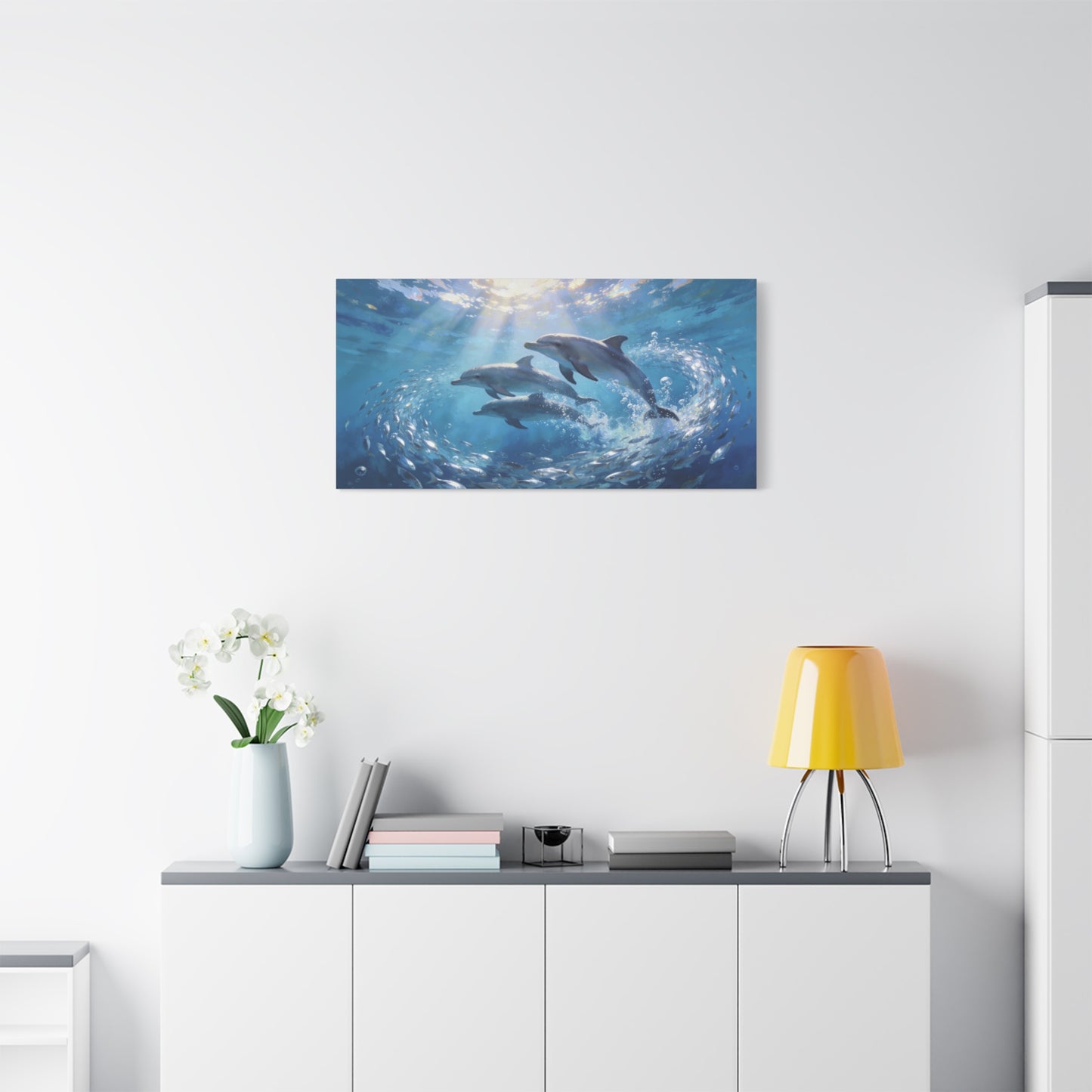 Dolphin Ocean Canvas Wall Art - Blue Underwater Marine Life Scene, Sunbeam Seascape Print - Coastal Style, Serene Living Room Wall Decor, Bedroom Home Decoration Accent - Bedroom Home Decoration