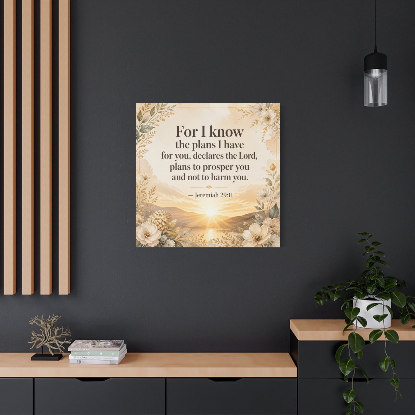 "For I Know The Plans I Have For You" Bible Verse Canvas Wall Art - Jeremiah 29:11 Floral Scripture Print, Gold Sunrise Landscape, Christian Wall Decor For Bedroom, Living Room - Ready to Hang