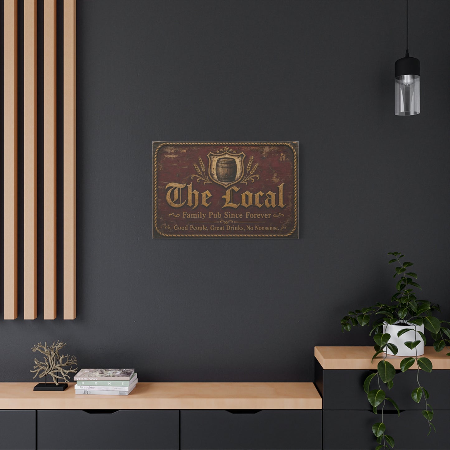 "The Local" Vintage Pub Canvas Wall Art - Rustic Tavern Sign, Barrel Crest Typography - Distressed Wood Look, Traditional Style - Bar Room Decor, Man Cave Accent, Restaurant Wall Hanging