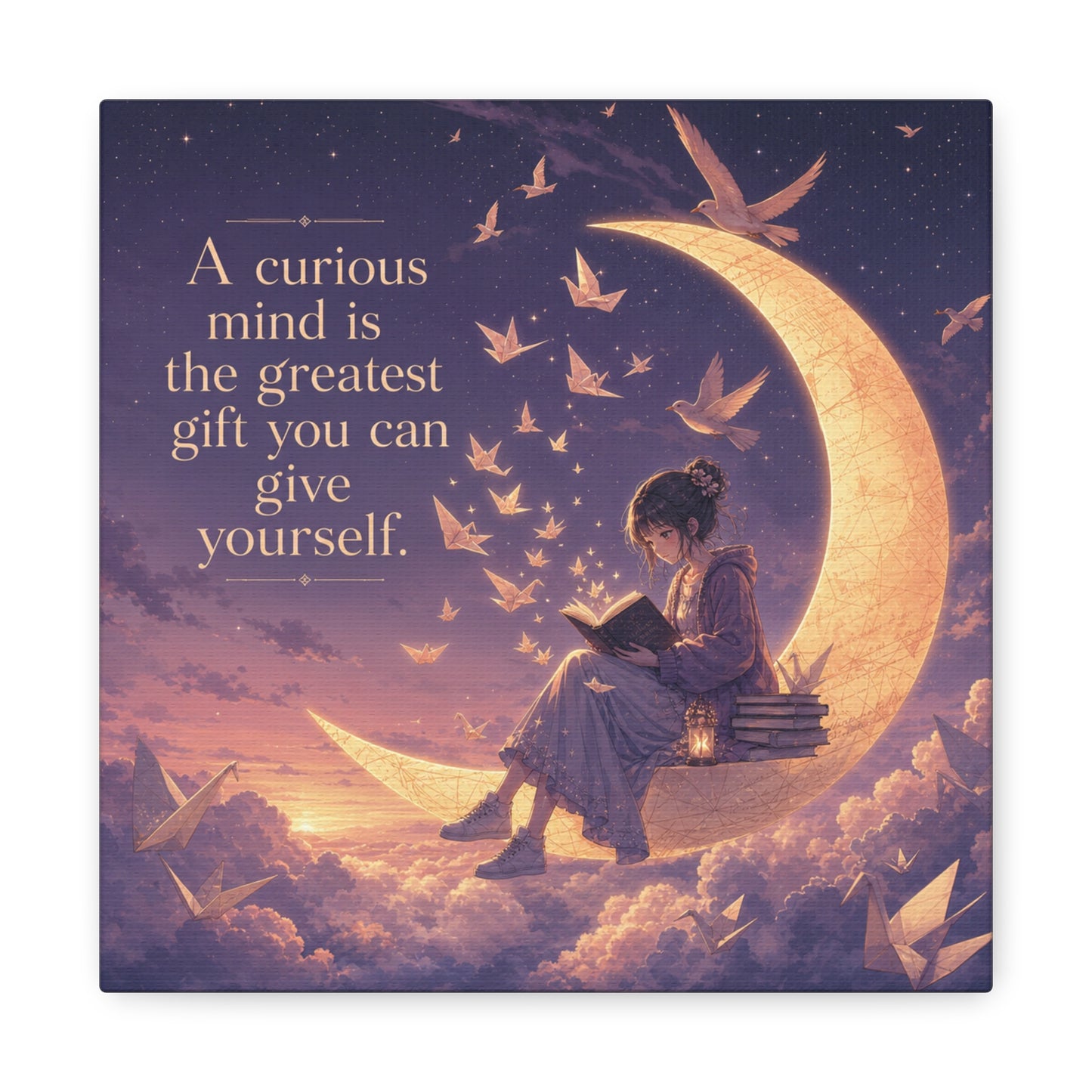 "A Curious Mind Is The Greatest You Can Give Yourself" Canvas Wall Art - Moon Reading Girl Quote Print, Dreamy Celestial Illustration - Bedroom Wall Decor, Home Office Accent - Ready to Hang