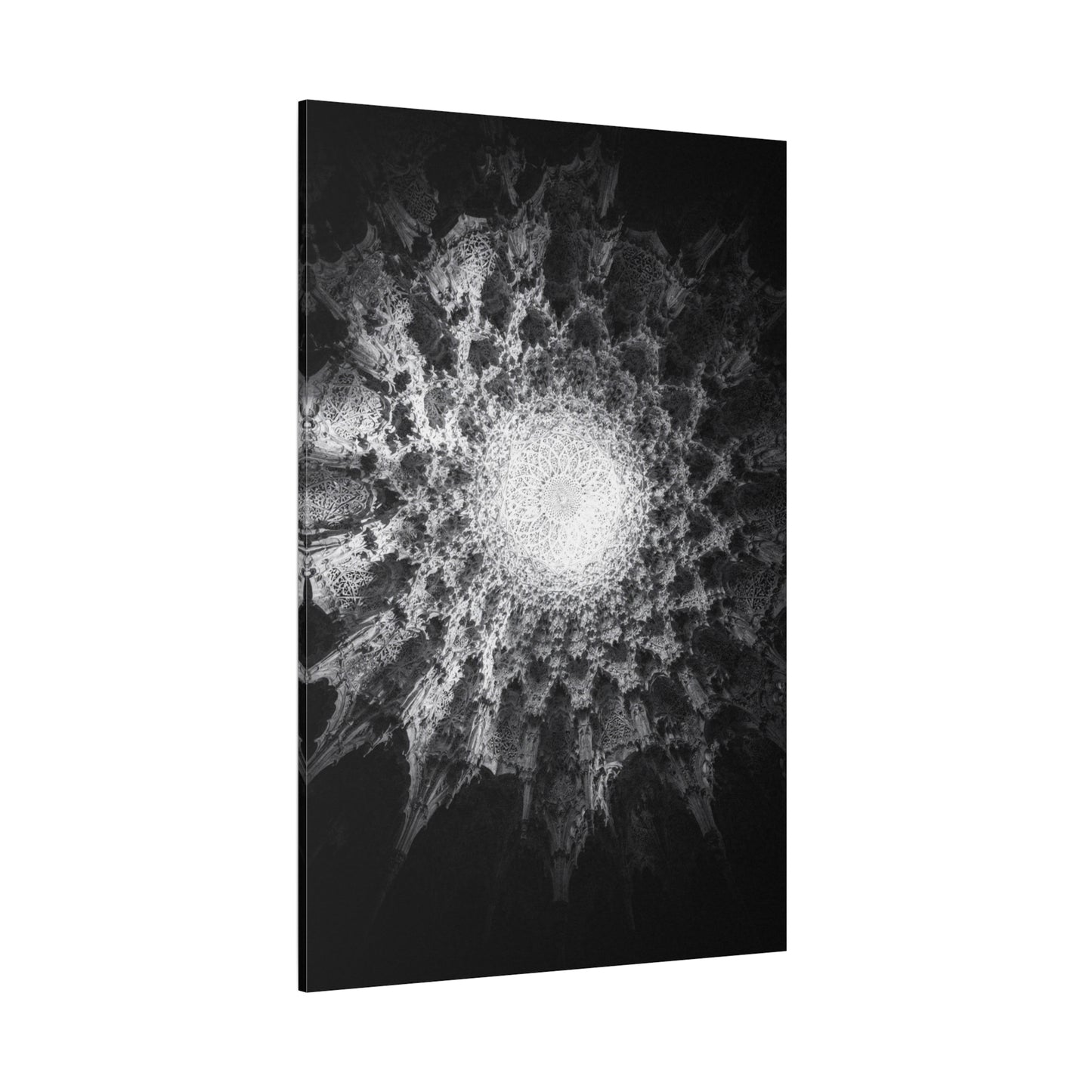 Abstract Black White Canvas Wall Art - Monochrome Fractal Mandala Design, Architectural Spiral Light - Matte Cotton Art Print - Contemporary Decor For Living Room, Bedroom, Office Accent