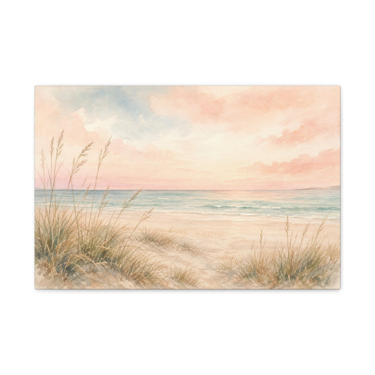 Pastel Beach Dune Canvas Wall Art - Coastal Seascape Sunset Shore Grass Print - Soft Pink Blue Watercolor - Bedroom Wall Decor, Living Room Home Decoration - Bedroom Home Decoration - Ready to Hang