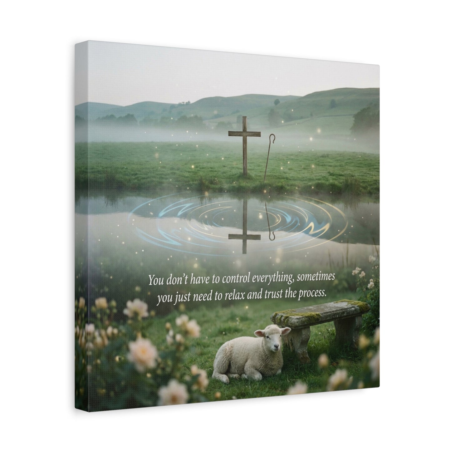 "You Don’t Have To Control Everything, Sometimes You Just Need To Relax And Trust The Process" Canvas Wall Art - Christian Cross, Lamb Meadow Scene - Inspirational Farmhouse Decor - Office Wall Art