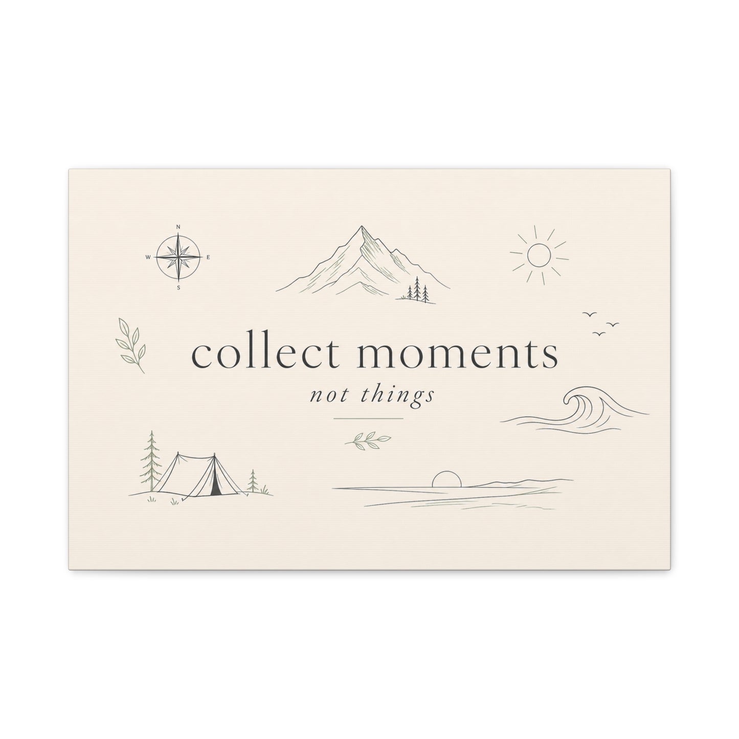 "Collect Moments Not Things" Minimalist Canvas Wall Art - Mountain, Compass, Wave Line Drawing - Neutral Typography Print - Boho Modern Wall Decor For Living Room, Bedroom, Office Accent