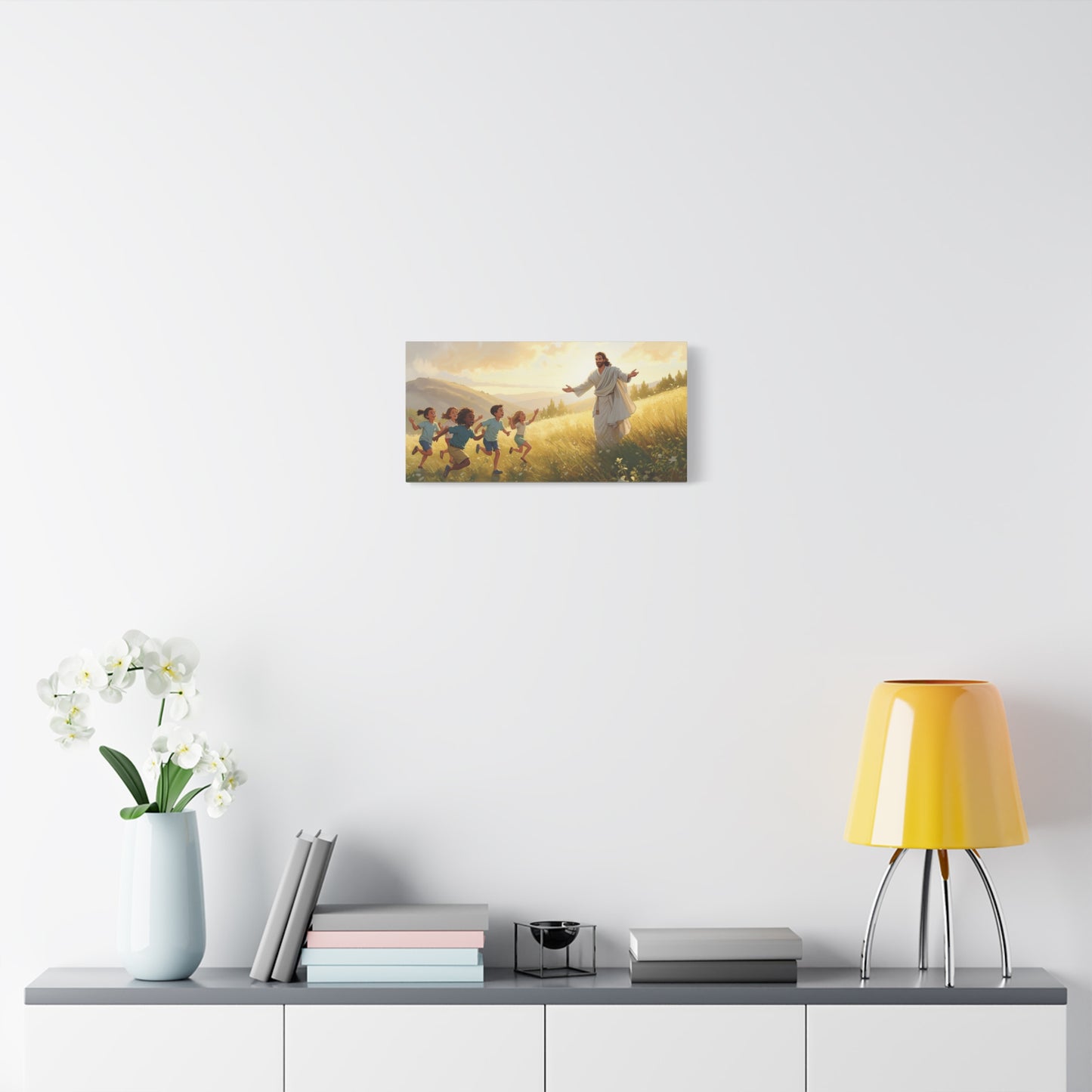 Jesus Christ With Children Canvas Wall Art - Golden Meadow Landscape, Christian Home Decor Print - Matte Cotton Canvas - Traditional Style For Living Room Bedroom Office - Living Room Wall Decor