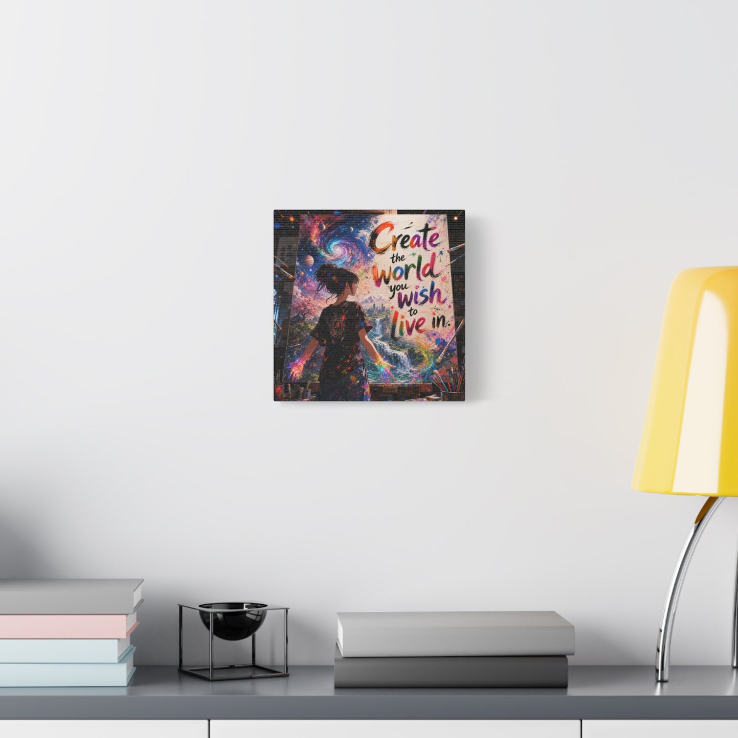 "Create The World You Wish To Live In" Inspirational Canvas Wall Art - Colorful Cosmic Artist Girl Quote Print - Modern Typography Decor - Bedroom Home Decoration, Creative Office Accent
