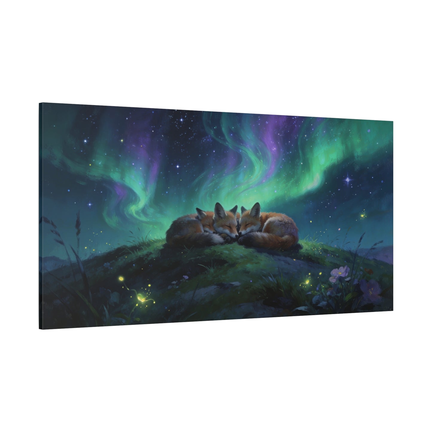Sleeping Red Foxes Canvas Wall Art - Aurora Borealis Night Sky Animal Print - Dreamy Matte Canvas Print, Whimsical Wildlife Style - Bedroom Home Decoration, Nursery Wall Hanging - Ready to Hang