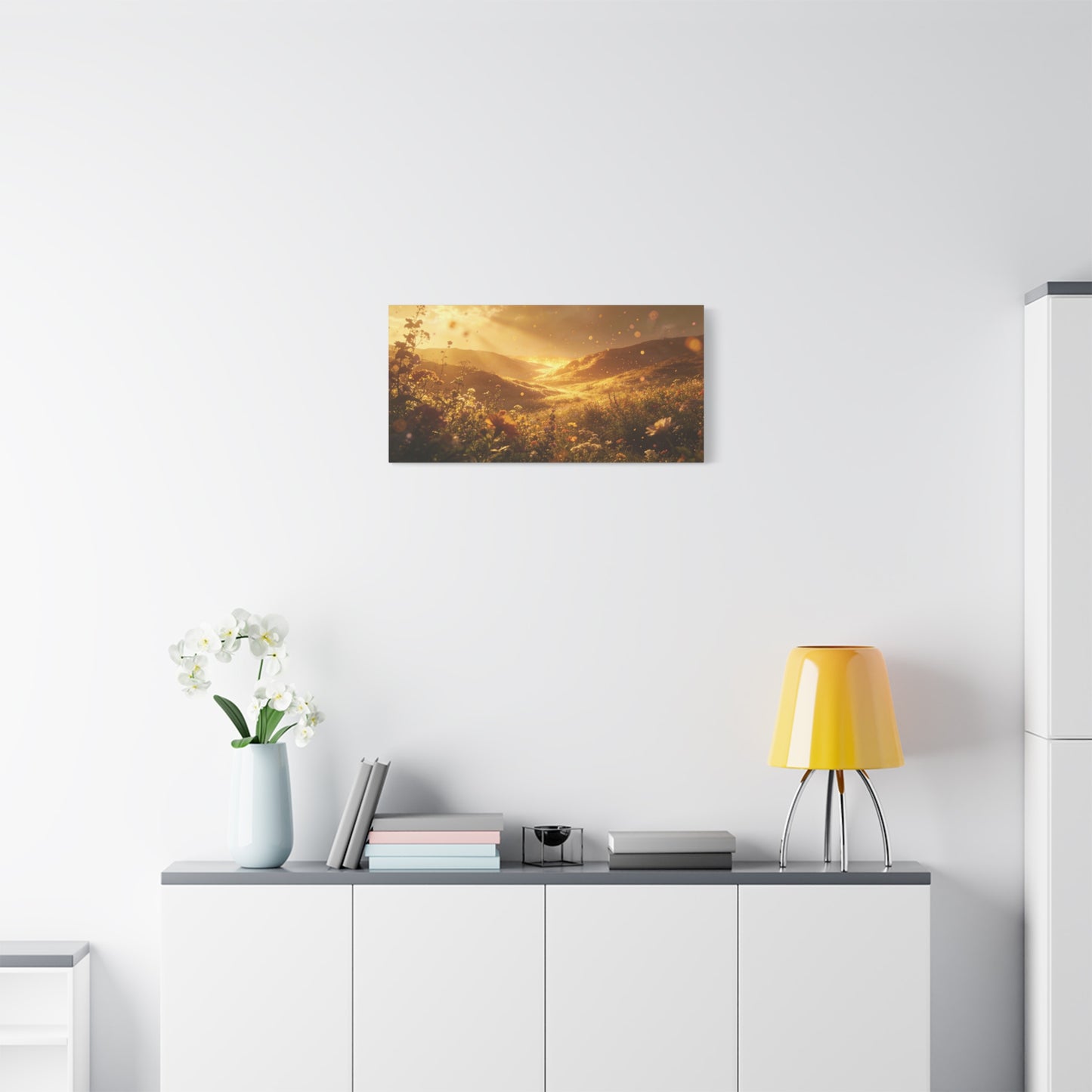 Golden Wildflower Valley Canvas Wall Art - Sunlit Meadow Landscape Print, Warm Rustic Contemporary Decor - Matte Cotton Artwork For Living Room, Bedroom Decoration, Office Accent - Office Wall Art