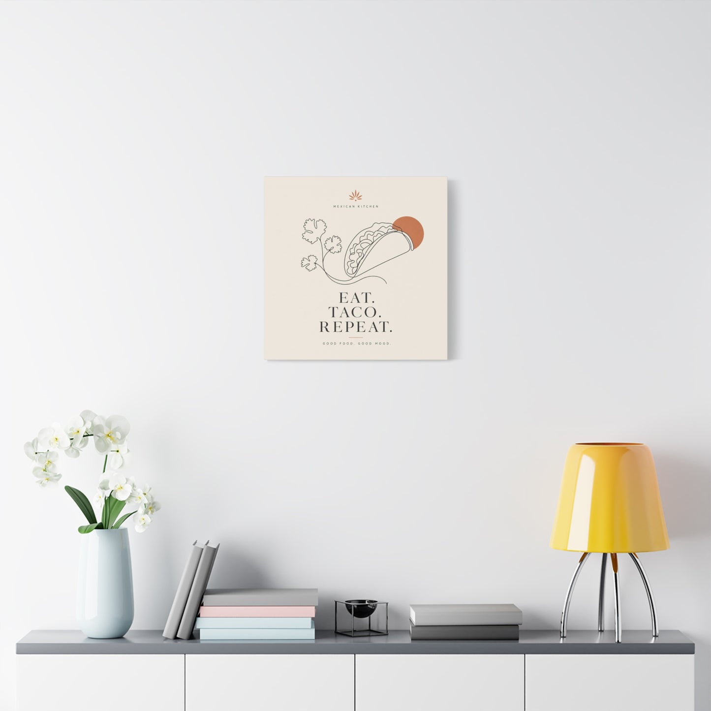 "Eat. Taco. Repeat." Mexican Kitchen Canvas Wall Art - Minimalist Taco Line Illustration, Terracotta Sun, Typography Print - Modern Kitchen Decor, Cafe Wall Decor, Dining Room Accent - Ready to Hang