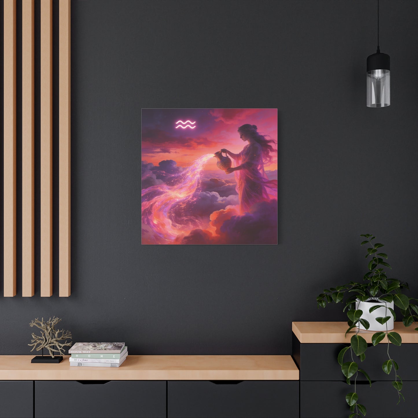 Aquarius Goddess Canvas Wall Art - Zodiac Woman Pouring Celestial Water, Fantasy Sky Illustration - Pink Purple Matte Canvas Print - Bedroom Wall Decor, Bohemian Home Accent - Bedroom Home Decoration