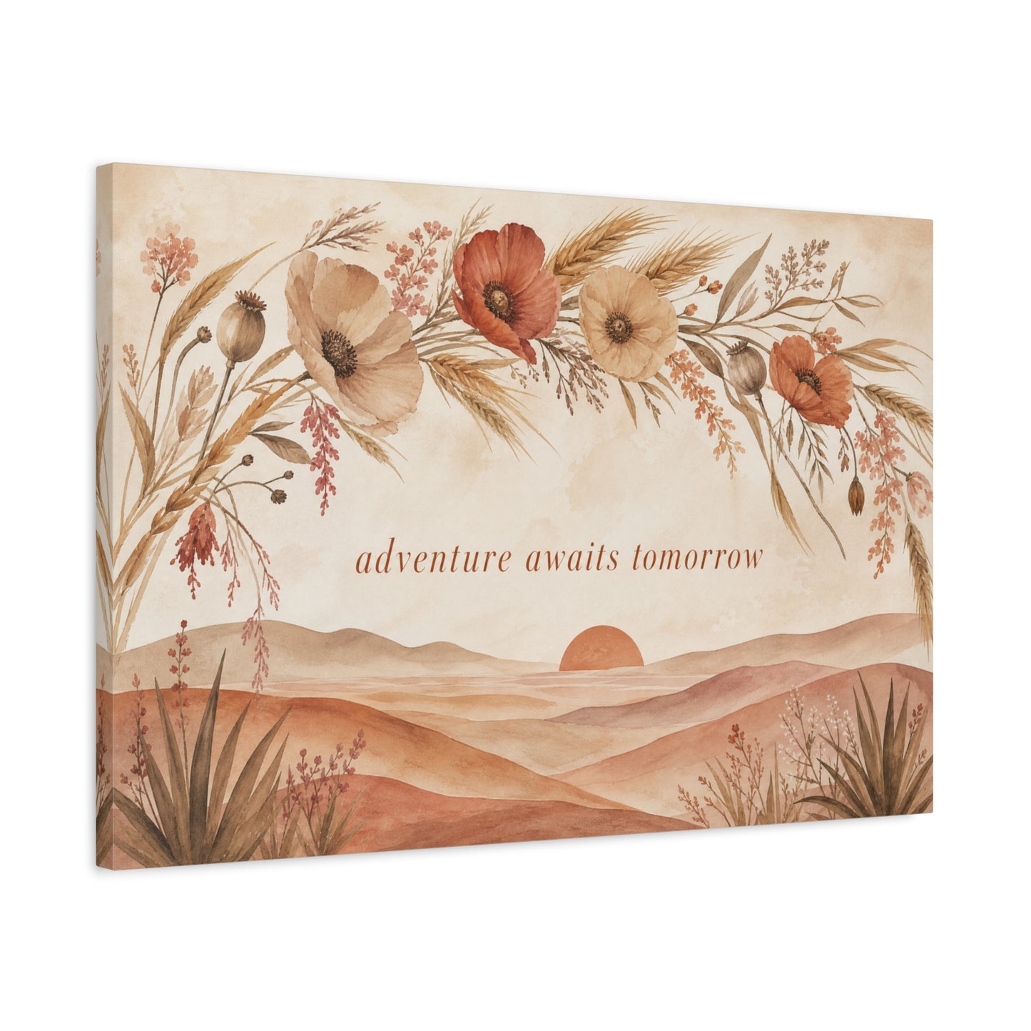 "Adventure Awaits Tomorrow" Poppy Flower Canvas Wall Art - Boho Botanical Desert Sunset Quote Print - Warm Neutral Watercolor Landscape - Bedroom Wall Decor, Living Room Home Accent - Ready to Hang