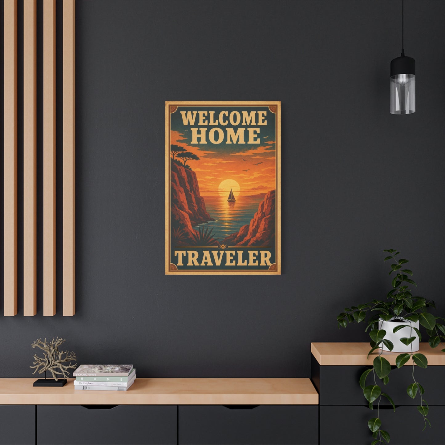 "Welcome Home Traveler" Vintage Coastal Canvas Wall Art - Sunset Sailboat Seascape Print - Retro Travel Poster Style - Living Room Wall Decor, Hallway Home Decoration - Modern Farmhouse Style