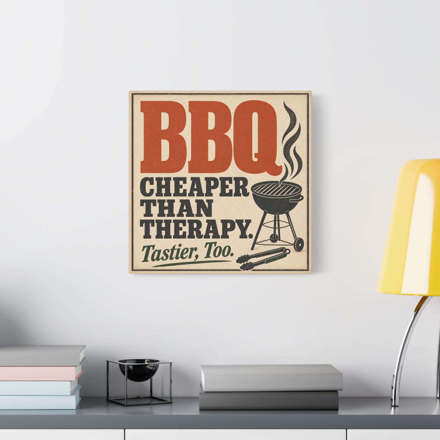 "BBQ Cheaper Than Therapy. Tastier, Too." Canvas Wall Art - Vintage Grill Quote Kitchen Decor - Rustic Typography Print, Farmhouse Barbecue Sign - Modern Farmhouse Style - Living Room Wall Decor