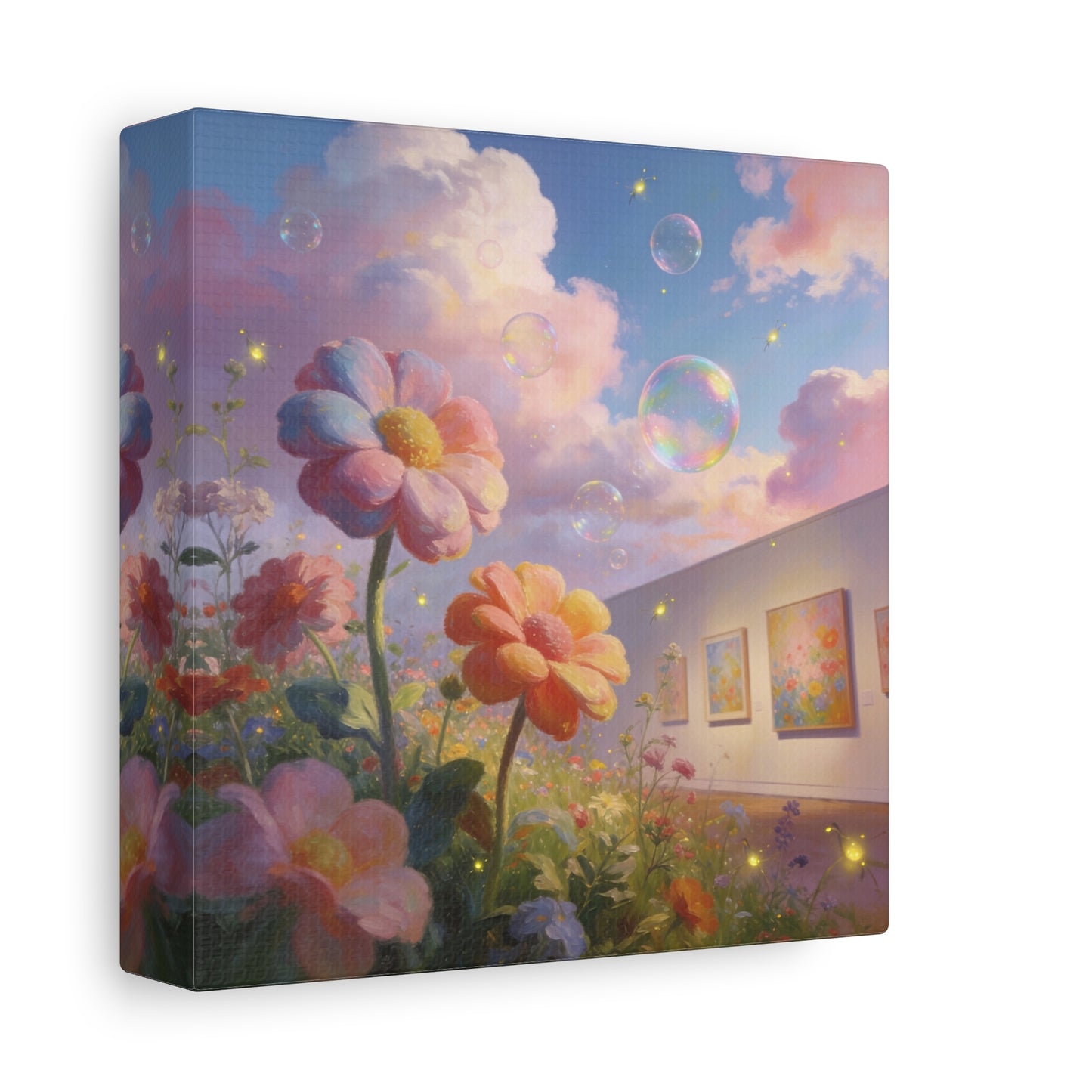 Dreamy Floral Canvas Wall Art - Pastel Wildflower Sky With Iridescent Bubbles, Firefly Glow - Whimsical Matte Canvas Print - Contemporary Bedroom Wall Decor, Living Room Accent - Cozy Reading Nook Art