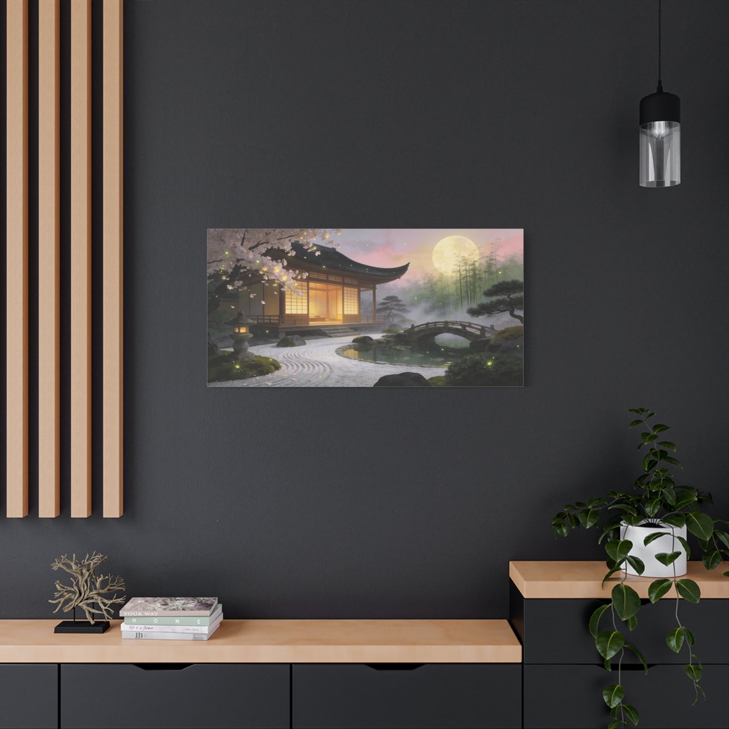 Japanese Zen Garden Canvas Wall Art - Moonlit Temple, Cherry Blossoms, Bamboo Mist - Serene Landscape Canvas Print - Traditional Style, Bedroom Wall Decor, Meditation Space - Bedroom Home Decoration