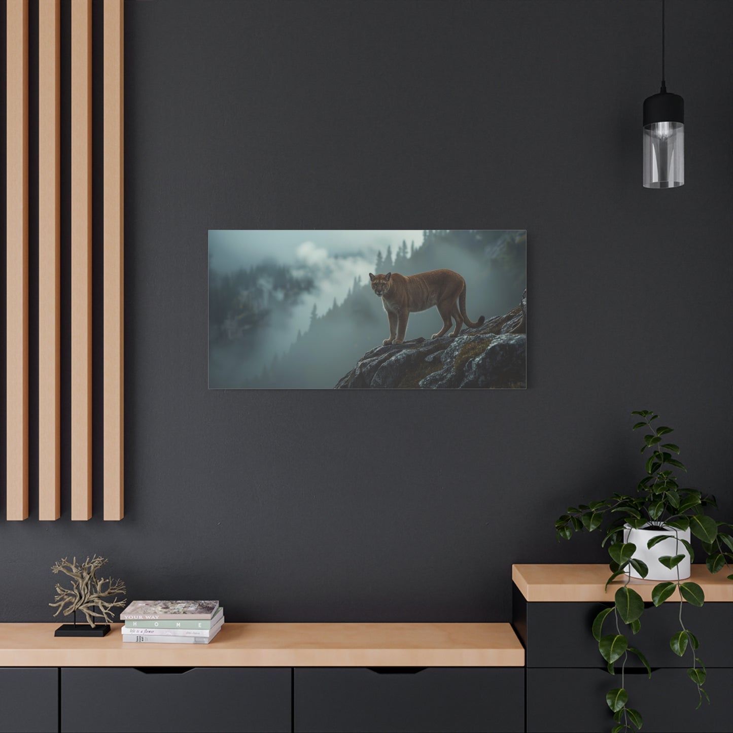 Mountain Lion Canvas Wall Art - Misty Forest Wildlife Landscape, Matte Canvas Print - Moody Contemporary Nature Decor - Living Room Wall Decor, Office Art, Rustic Lodge Accent - Modern Farmhouse Style