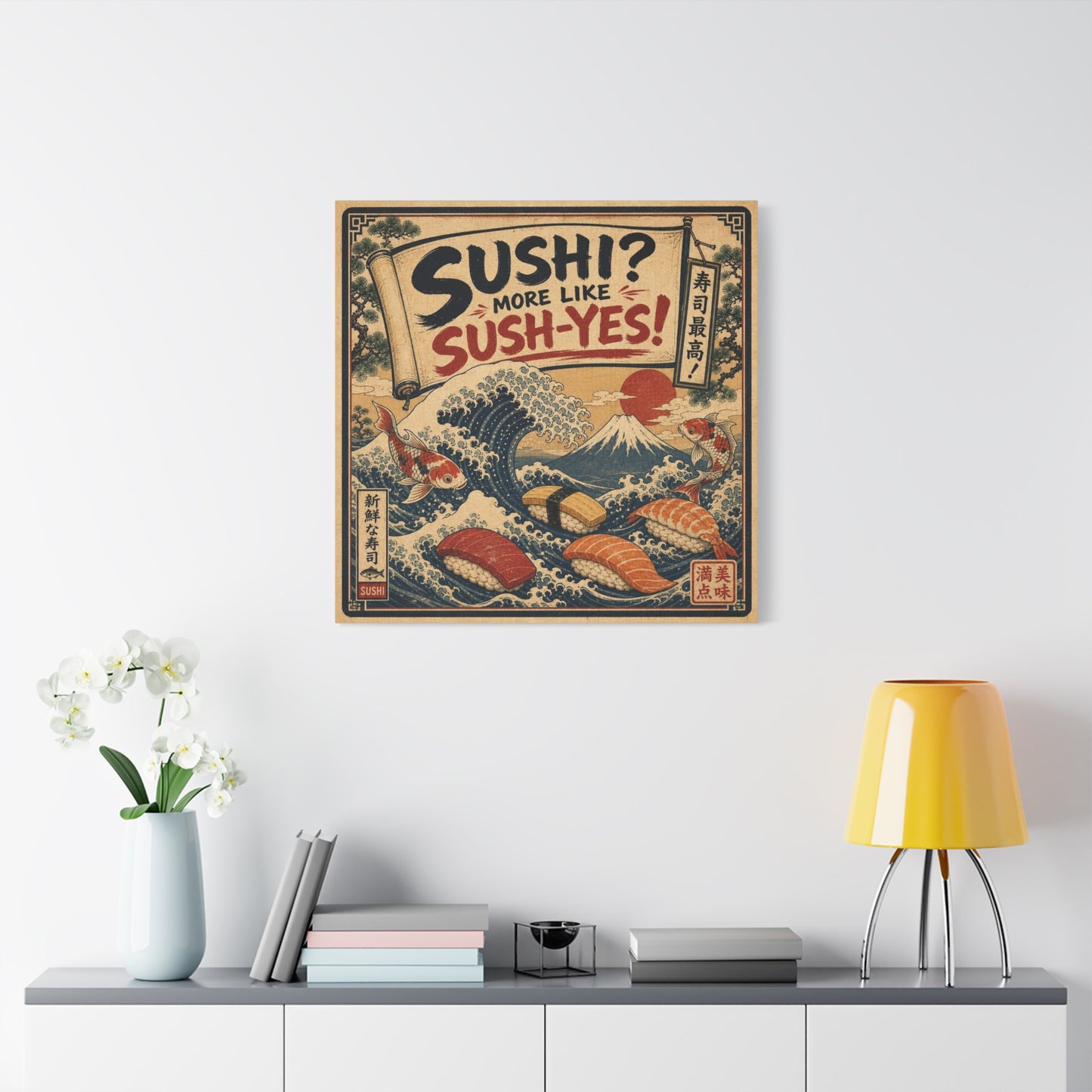 "Sushi? More Like Sush-Yes!" Sushi Canvas Wall Art - Japanese Wave, Mount Fuji, Koi Fish Illustration - Vintage Typography Style - Kitchen Wall Decor, Dining Room Home Accent - Bedroom Home Decoration