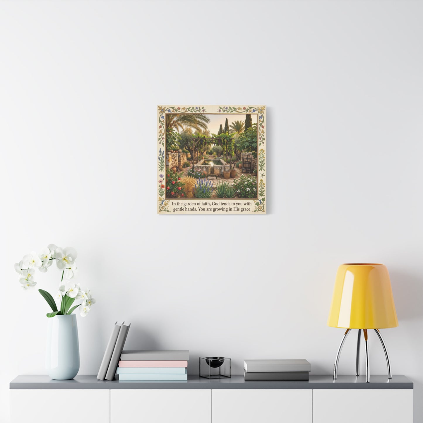 "In The Garden Of Faith, God Tends To You" Canvas Wall Art - Biblical Garden Scripture Print, Floral Border, Rustic Mediterranean Courtyard Scene - Christian Home Decor For Living Room - Ready to Hang