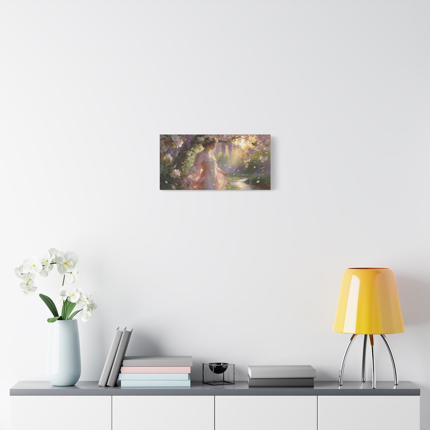 Romantic Garden Maiden Canvas Wall Art - Floral Orchard Figure, Wisteria Blossoms, Songbirds - Impressionist Cotton Canvas Print - Vintage Style Living Room Wall Decor Bedroom Accent - Ready to Hang