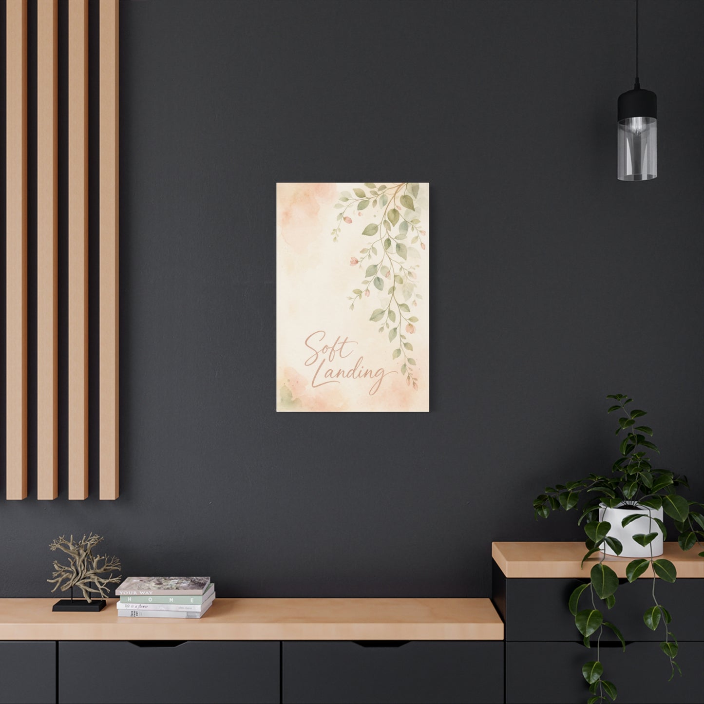 "Soft Landing" Botanical Canvas Wall Art - Watercolor Leaf Branch Quote Print - Blush Sage Floral Typography Decor - Bedroom Wall Hanging - Bedroom Home Decoration - Modern Farmhouse Style