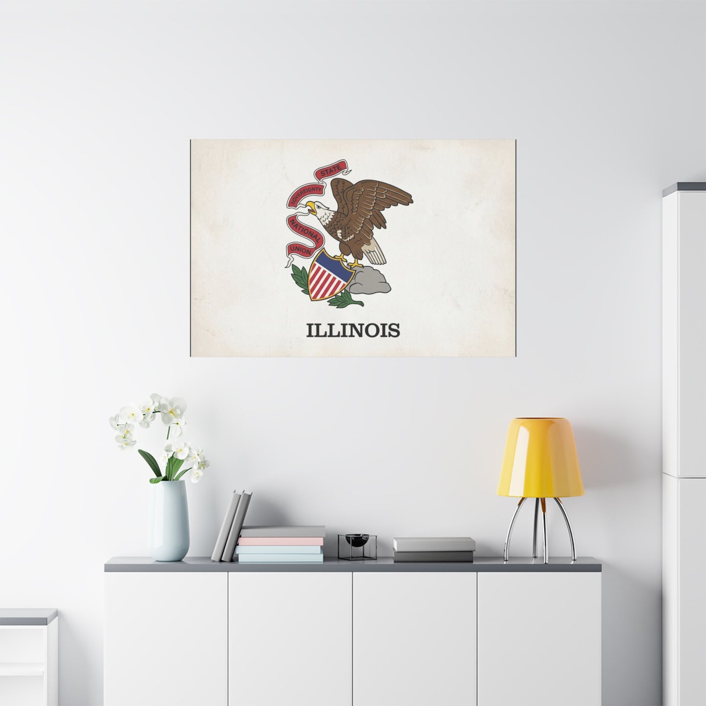 "Illinois" State Flag Canvas Wall Art - Bald Eagle Crest, Vintage State Pride Print - Matte Cotton Art Print - Traditional Americana Style - Living Room Decor, Office Accent - Living Room Wall Decor