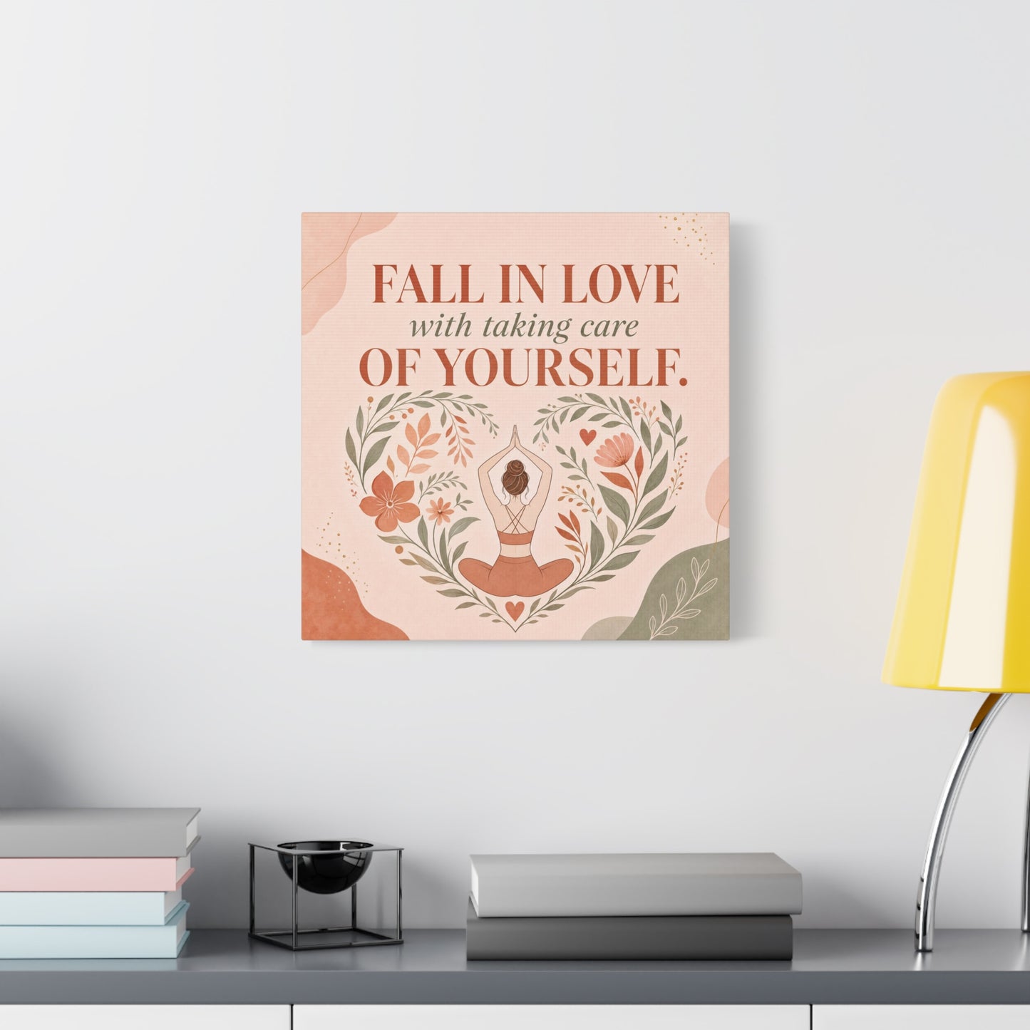 "Fall In Love With Taking Care Of Yourself." Inspirational Canvas Wall Art - Yoga Woman Floral Quote Print - Bohemian Modern Sage Blush Decor - Living Room Wall Decor - Bedroom Home Decoration
