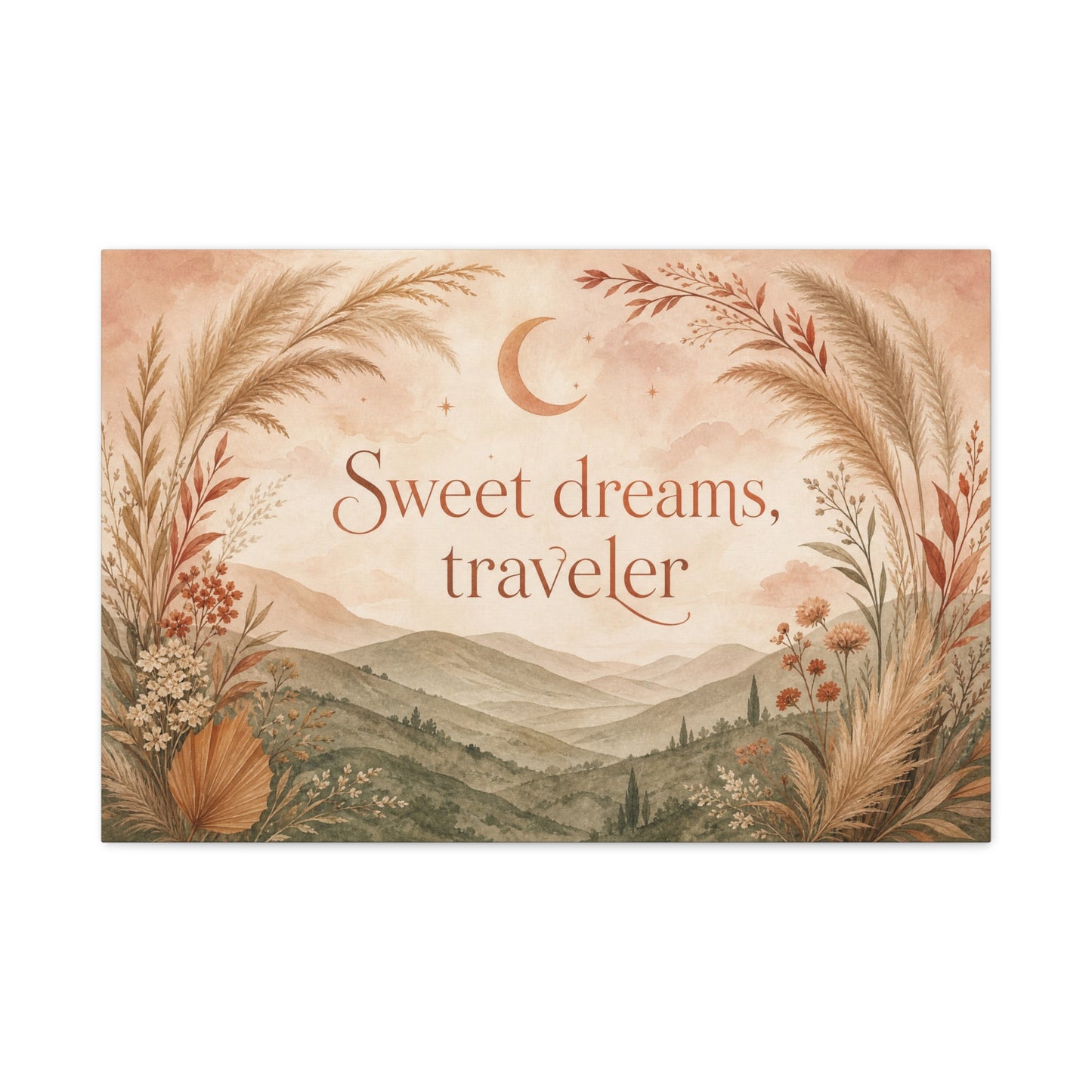 "Sweet Dreams, Traveler" Canvas Wall Art - Boho Moon Mountain Landscape Print - Neutral Botanical Bedroom Decor - Rustic Contemporary Wall Hanging - Ready to Hang - Bedroom Home Decoration
