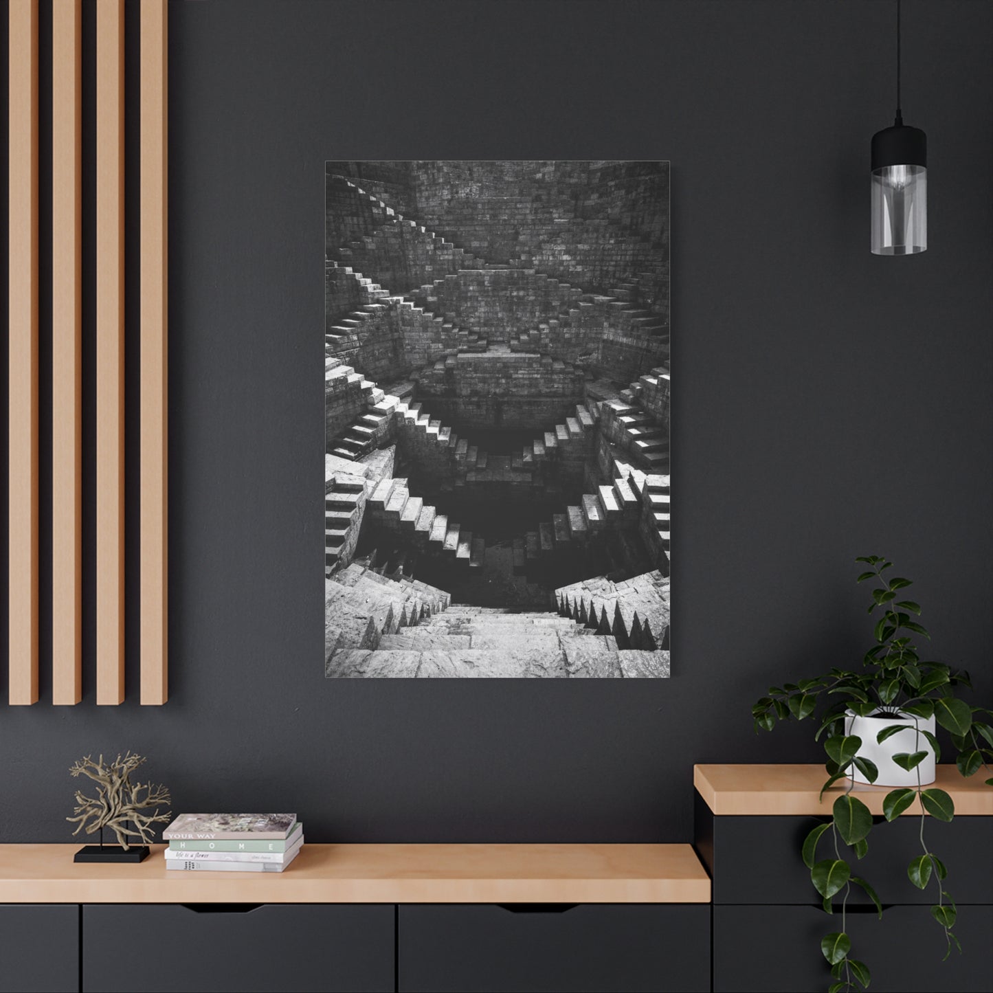 Black And White Stepwell Canvas Wall Art - Architectural Staircase Art Print, Moody Monochrome Stone Geometry - Contemporary Wall Decor For Living Room, Office, Entryway - Ready to Hang
