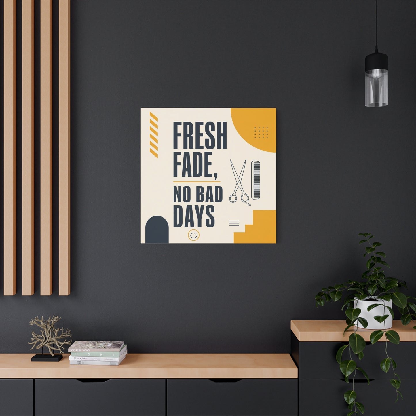 "Fresh Fade, No Bad Days" Barber Shop Canvas Wall Art - Scissors And Comb Typography Print - Modern Yellow Black Salon Decor - Workspace Wall Decor, Lobby Wall Art Accent - Gallery Wrapped Canvas