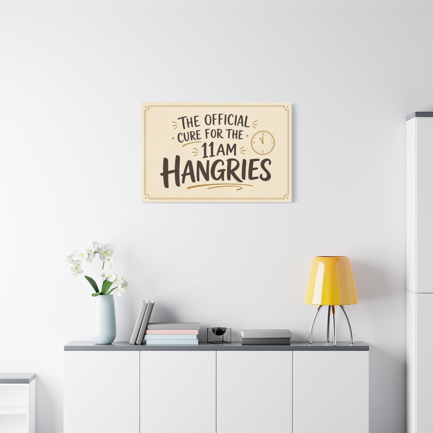 "The Official Cure For The 11 Am Hangries" Funny Typography Canvas Wall Art - Beige Black Quote Print, Modern Office Decor, Kitchen Wall Hanging - Bedroom Home Decoration - Bedroom Home Decoration