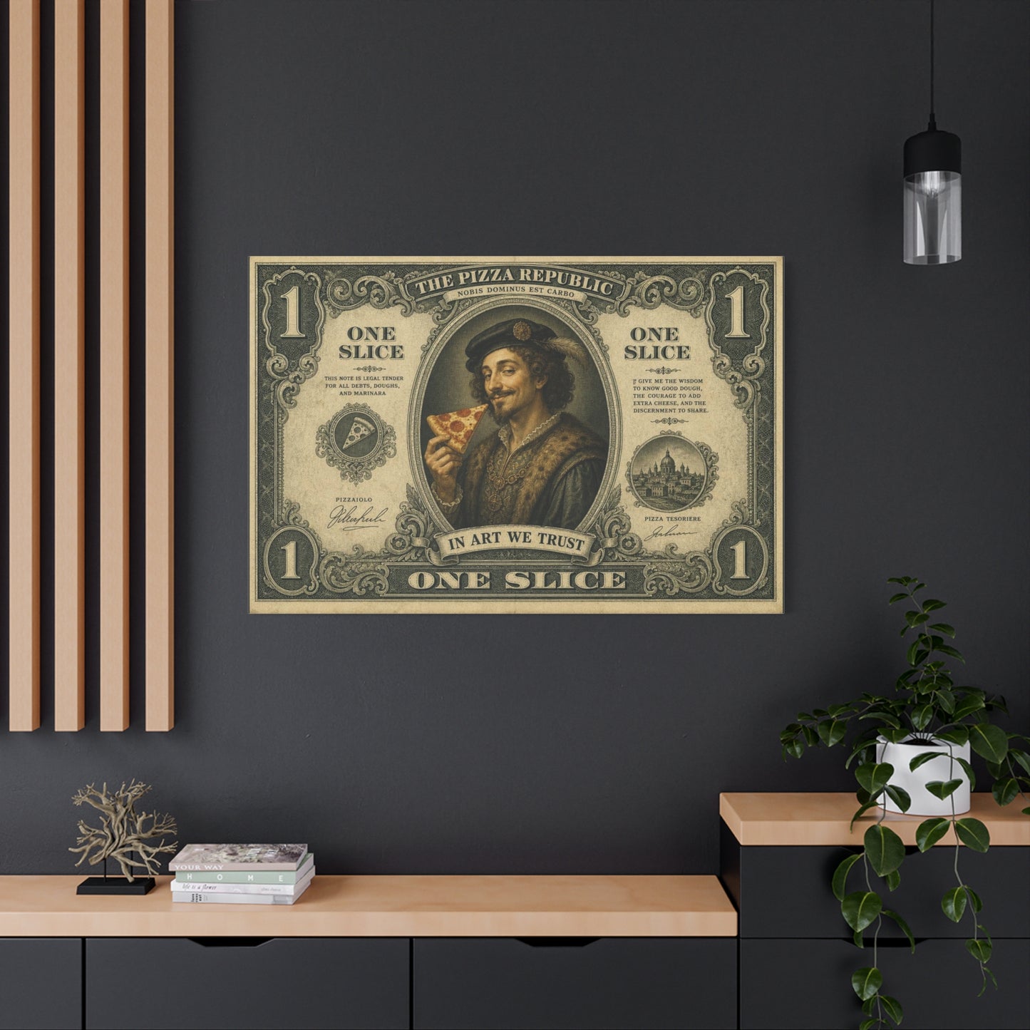 "The Pizza Republic" One Slice Vintage Canvas Wall Art - Renaissance Pizza Portrait, Typography Money Note Design - Matte Cotton Print - Kitchen Decor, Cafe Wall Decor - Bedroom Home Decoration