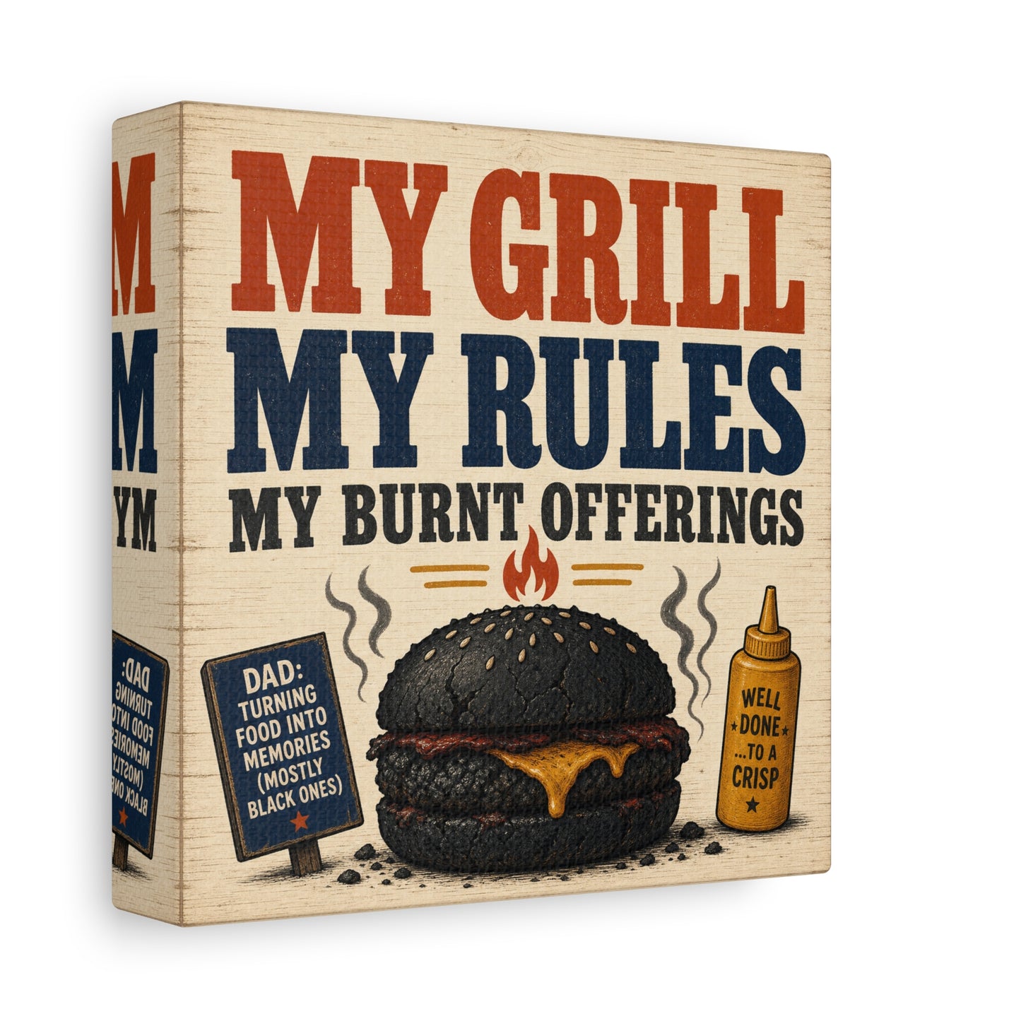 "My Grill My Rules My Burnt Offerings" Funny BBQ Canvas Wall Art - Burnt Burger Grill Sign, Rustic Farmhouse Kitchen Decor, Patriotic Red Blue Typography Print - Man Cave Wall Decor - Ready to Hang