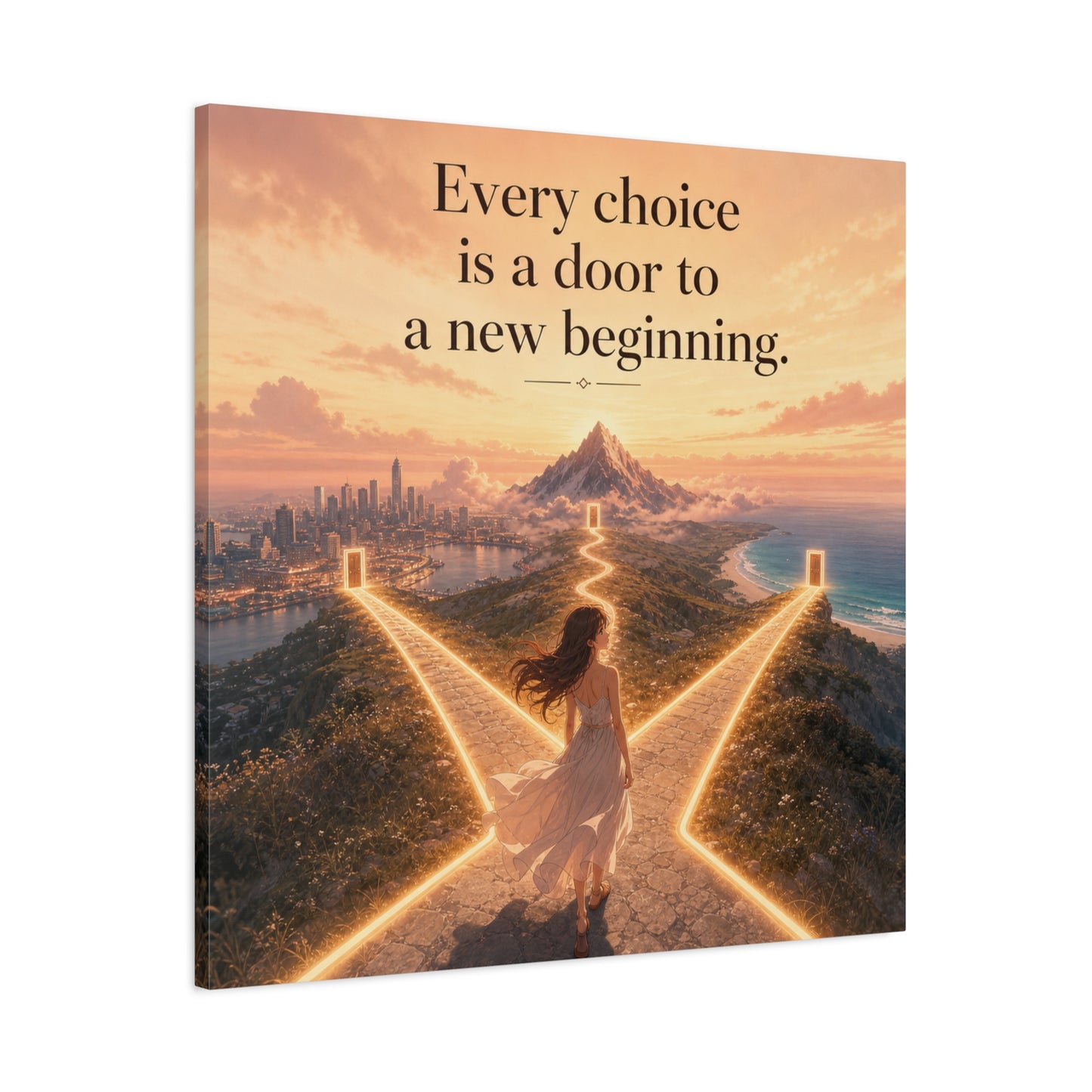 "Every Choice Is A Door To A New Beginning." Inspirational Canvas Wall Art - Woman At Glowing Crossroads Path, Mountain And Coast Dreamscape - Modern Typography Decor For Bedroom Office