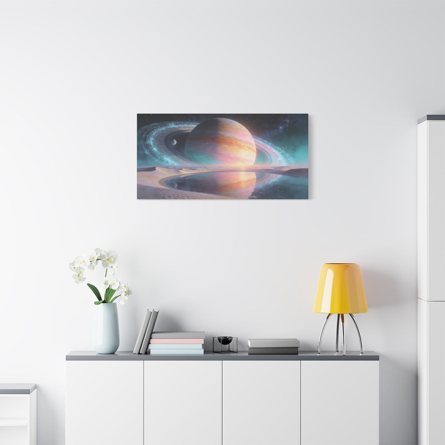 Ringed Planet Canvas Wall Art - Pastel Space Landscape, Celestial Desert Lake Reflection - Contemporary Surreal Canvas Print - Living Room Wall Decor, Bedroom Home Decoration - Bedroom Home Decoration