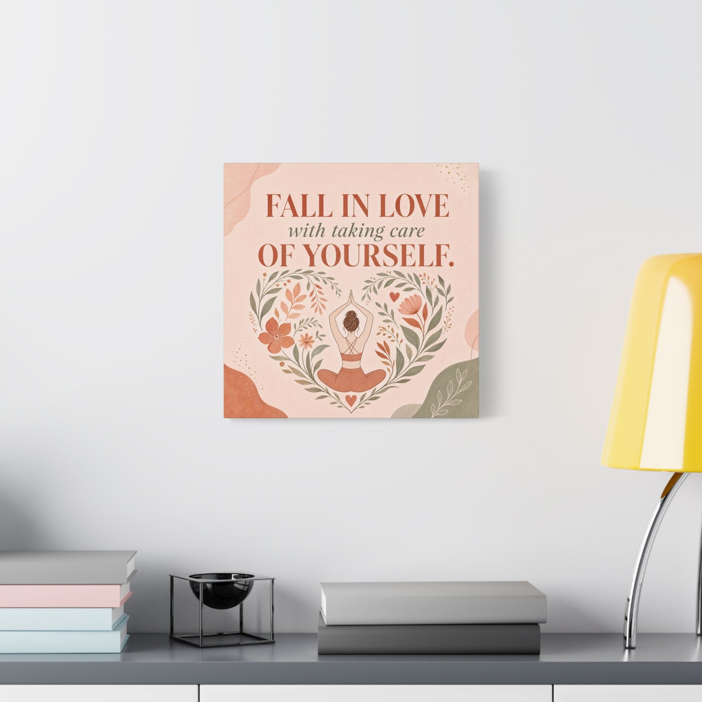 "Fall In Love With Taking Care Of Yourself." Inspirational Canvas Wall Art - Yoga Woman Floral Quote Print - Bohemian Modern Sage Blush Decor - Living Room Wall Decor - Bedroom Home Decoration