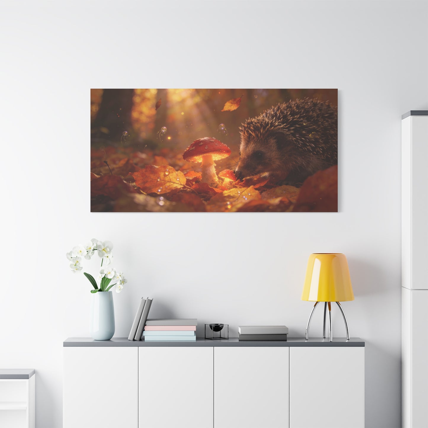 Hedgehog Mushroom Canvas Wall Art - Autumn Forest Wildlife Canvas Print, Glowing Red Toadstool, Warm Golden Light, Whimsical Nature Decor, Living Room Wall Decor, Bedroom Accent - Ready to Hang