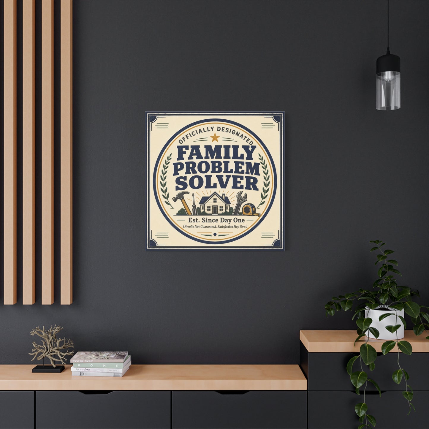 "Officially Designated Family Problem Solver" Canvas Wall Art - Vintage Typography Home Sign, Rustic Farmhouse Style, Humorous Quote Print, Living Room Wall Decor - Ready to Hang - Ready to Hang