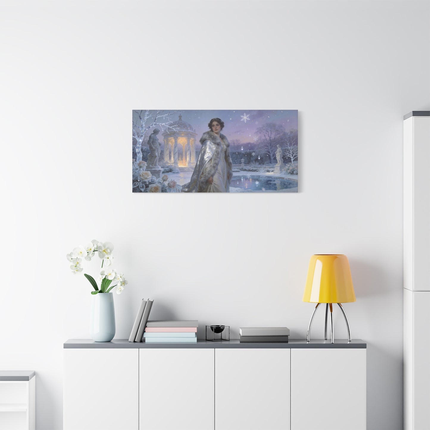 Winter Garden Woman Canvas Wall Art - Snowy Pavilion, Frosted Roses, Classical Statues - Ethereal Traditional Painting - Bedroom Wall Decor, Living Room Home Accent - Bedroom Home Decoration