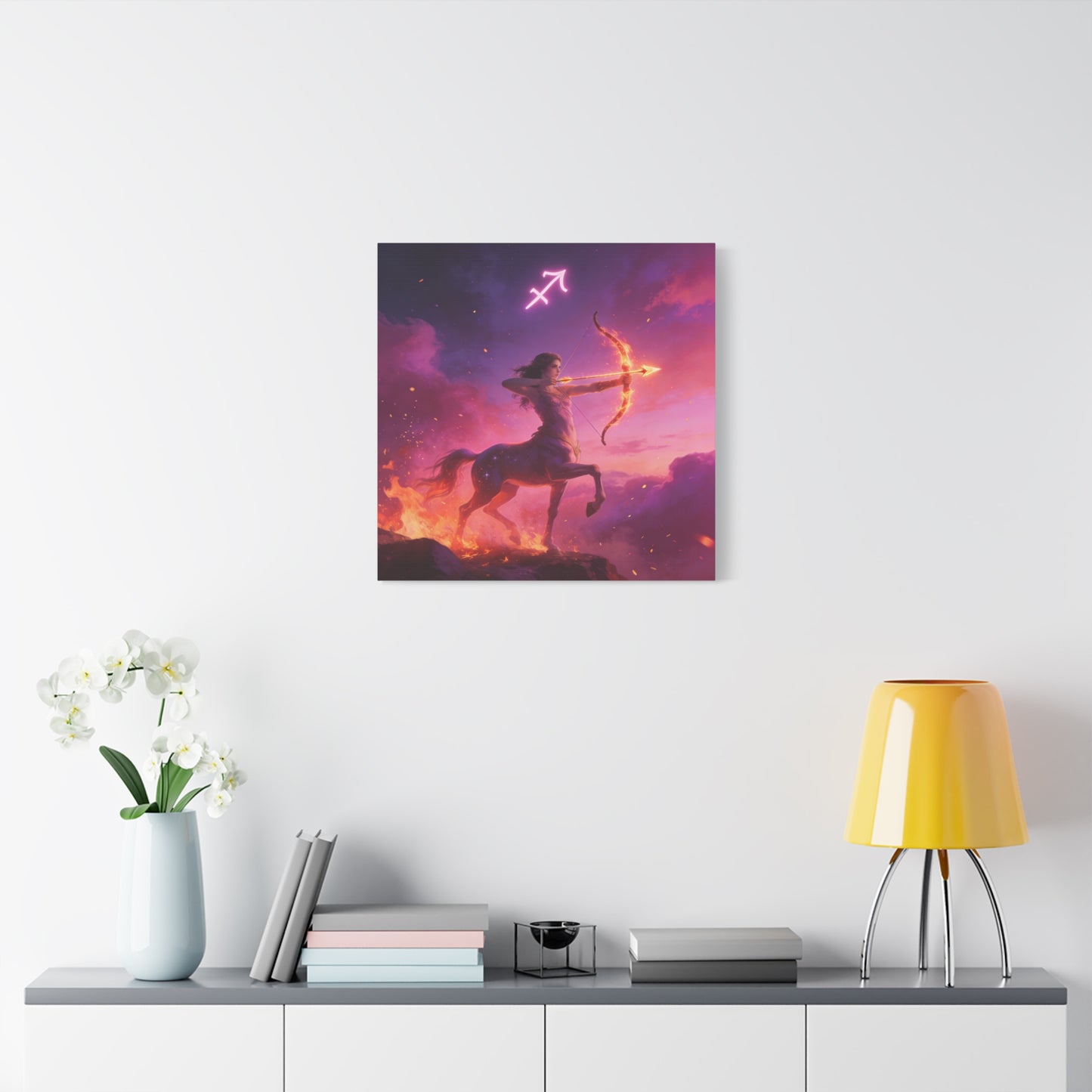 Sagittarius Centaur Archer Canvas Wall Art - Zodiac Fantasy Fire Bow Illustration - Purple Pink Matte Canvas Print - Bedroom Home Decoration, Living Room Wall Decor, Celestial Decor - Ready to Hang