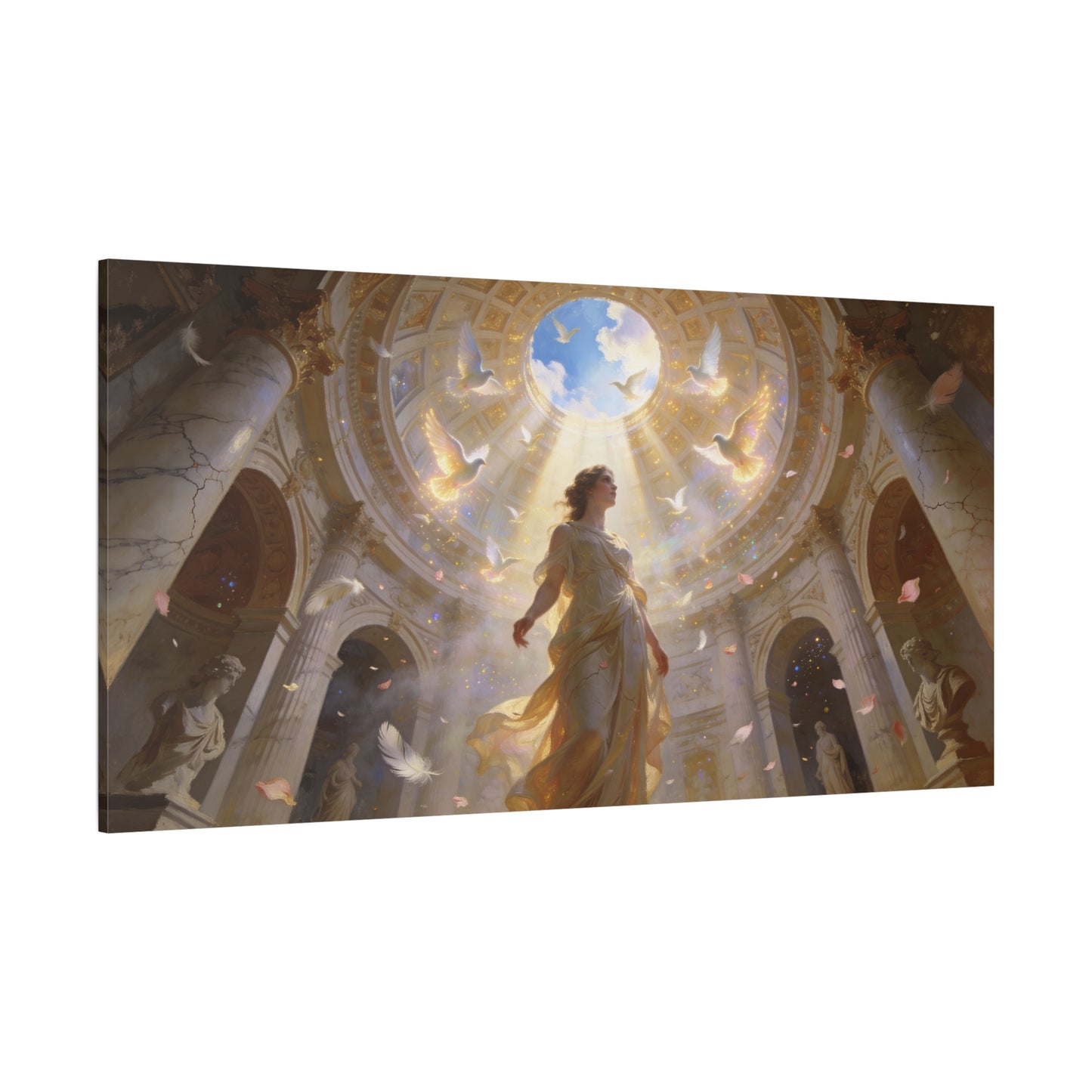 Virgin Mary Canvas Wall Art - Heavenly Doves, Cathedral Dome Light - Matte Cotton Art Print - Traditional Religious Style - Bedroom Wall Decor, Meditation Space Accent - Bedroom Home Decoration