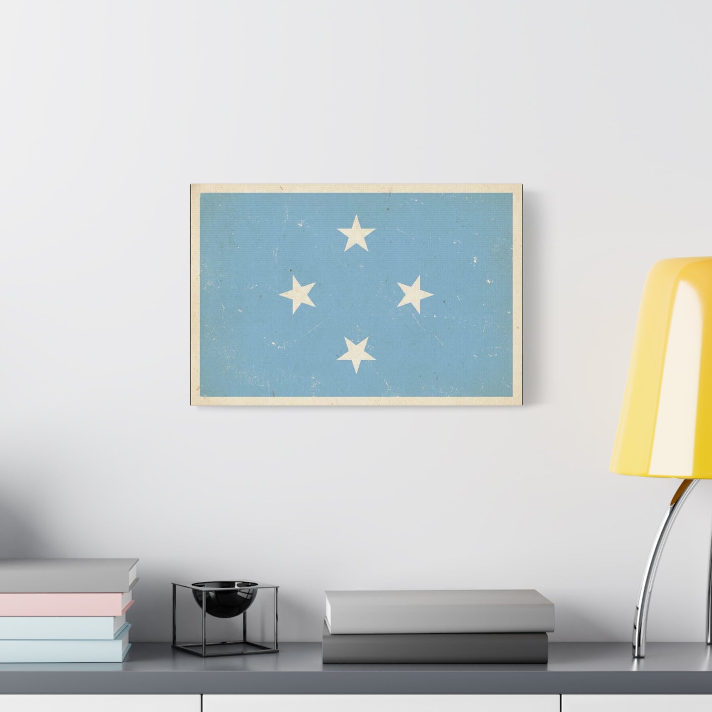 Micronesia Flag Canvas Wall Art - Vintage Blue Four White Stars Print - Distressed Patriotic Island Decor - Coastal Style Living Room Wall Decor, Bedroom Home Decoration - Bedroom Home Decoration
