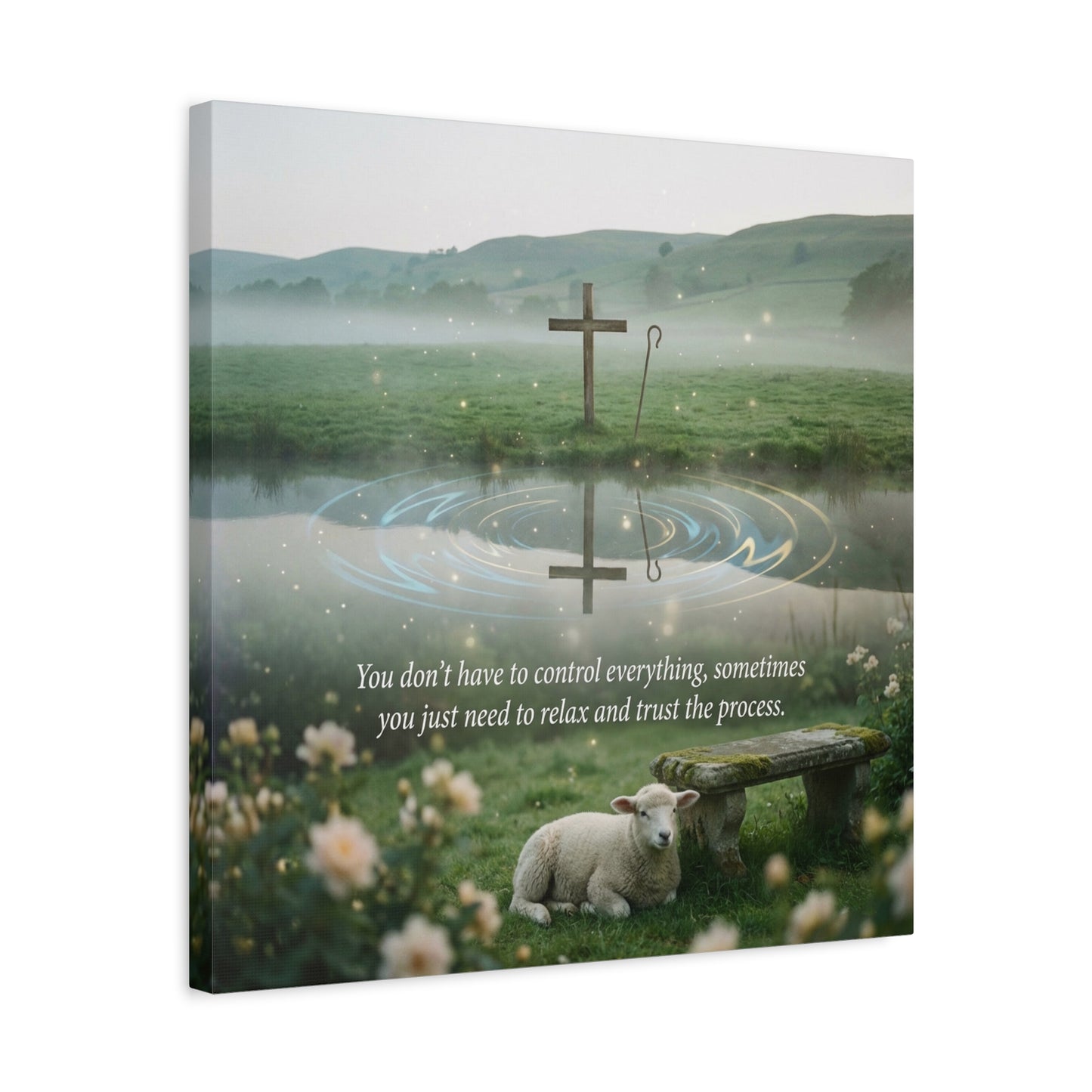 "You Don’t Have To Control Everything, Sometimes You Just Need To Relax And Trust The Process" Canvas Wall Art - Christian Cross, Lamb Meadow Scene - Inspirational Farmhouse Decor - Office Wall Art