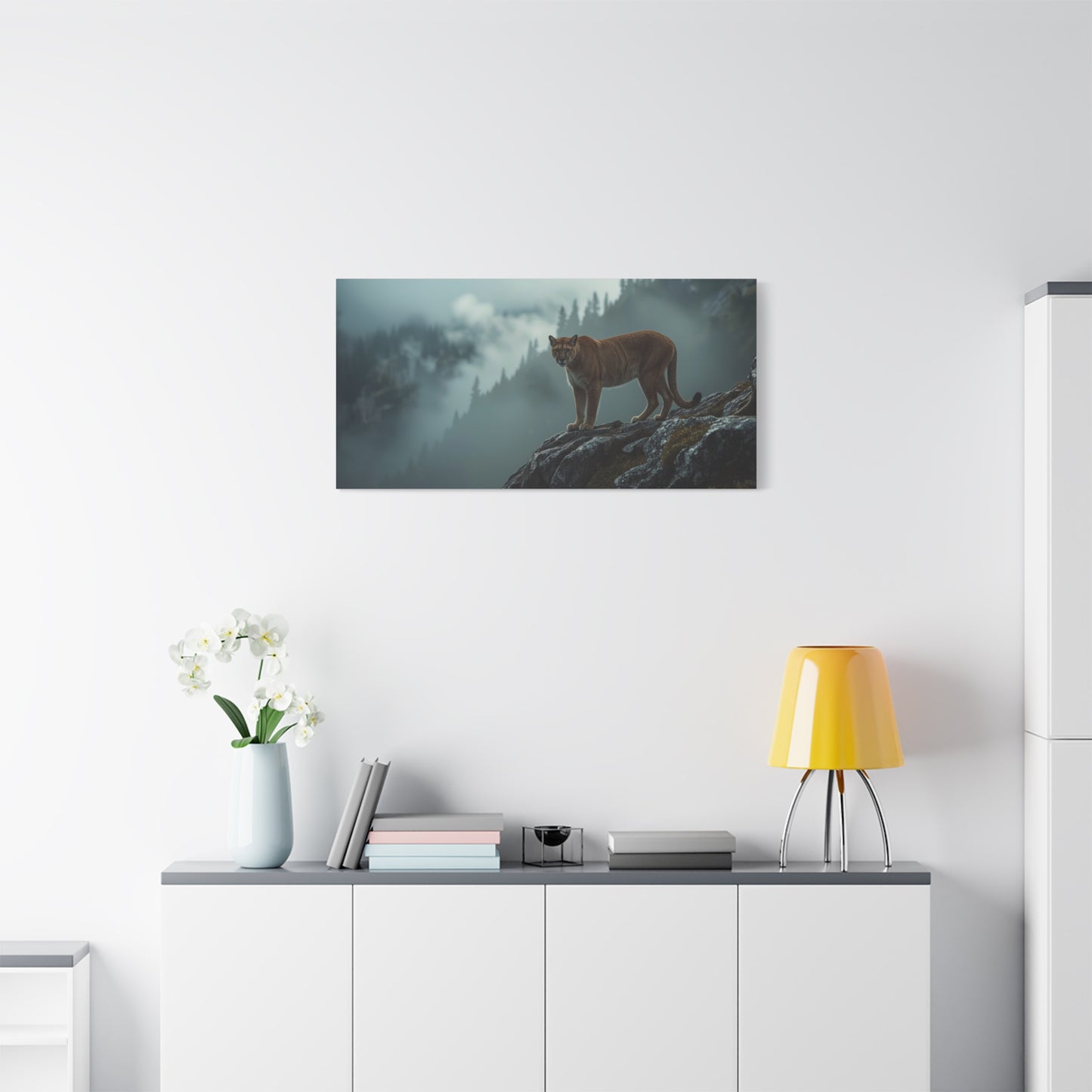Mountain Lion Canvas Wall Art - Misty Forest Wildlife Landscape, Matte Canvas Print - Moody Contemporary Nature Decor - Living Room Wall Decor, Office Art, Rustic Lodge Accent - Modern Farmhouse Style