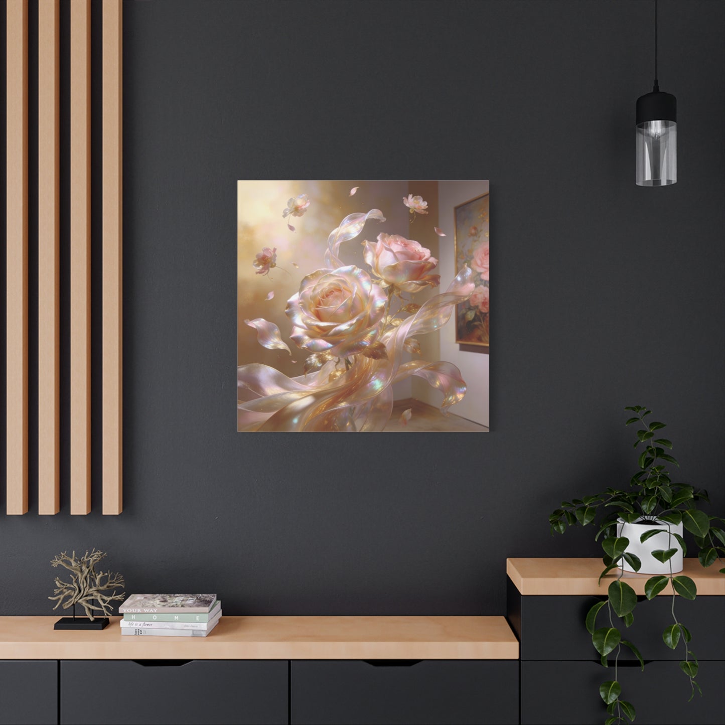 Iridescent Pink Rose Canvas Wall Art - Pearlescent Floral Wall Decor, Dreamy Botanical Home Decoration - Luminous Matte Canvas Print - Romantic Contemporary Style, Bedroom Accent - Ready to Hang