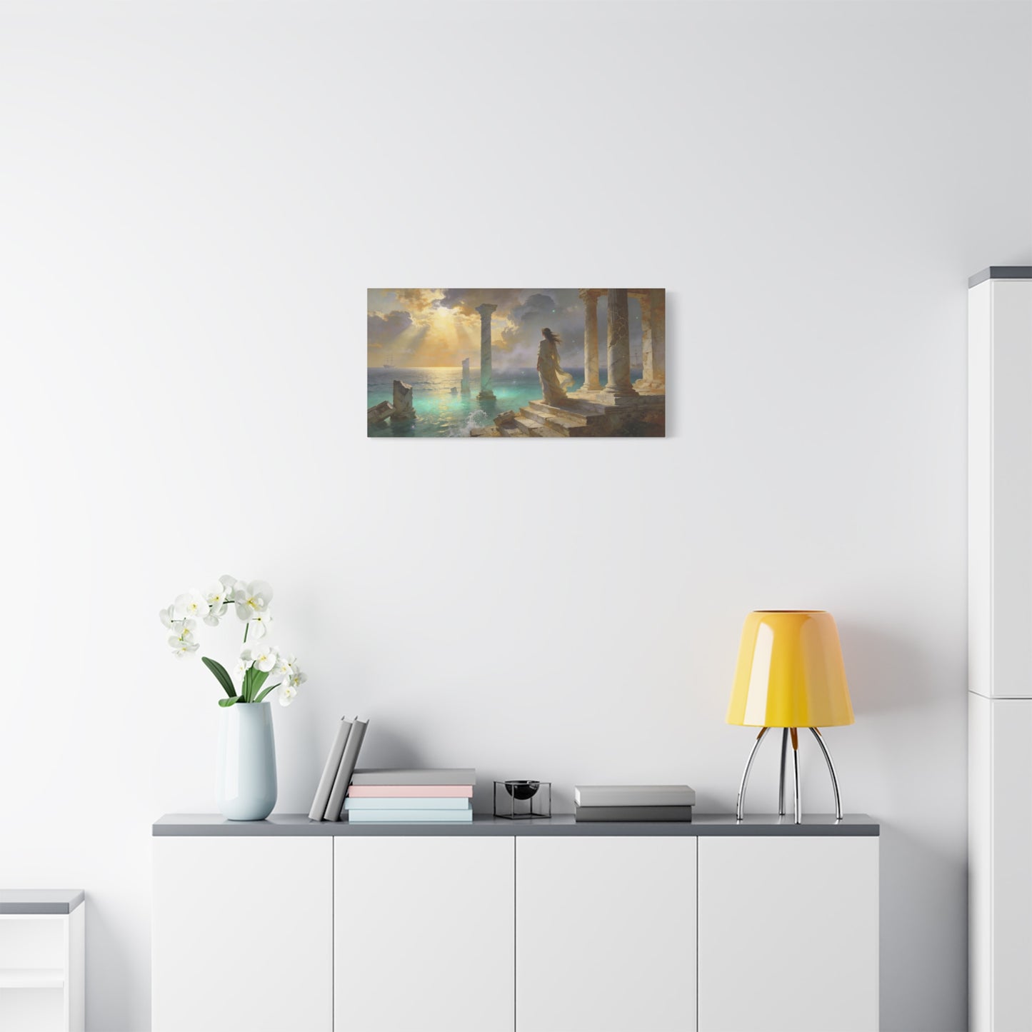 Seaside Ruins Canvas Wall Art - Woman In Flowing Gown, Sunbeams Over Ancient Columns - Luminous Coastal Painting - Living Room Wall Decor, Bedroom Home Decoration, Office Art - Bedroom Home Decoration
