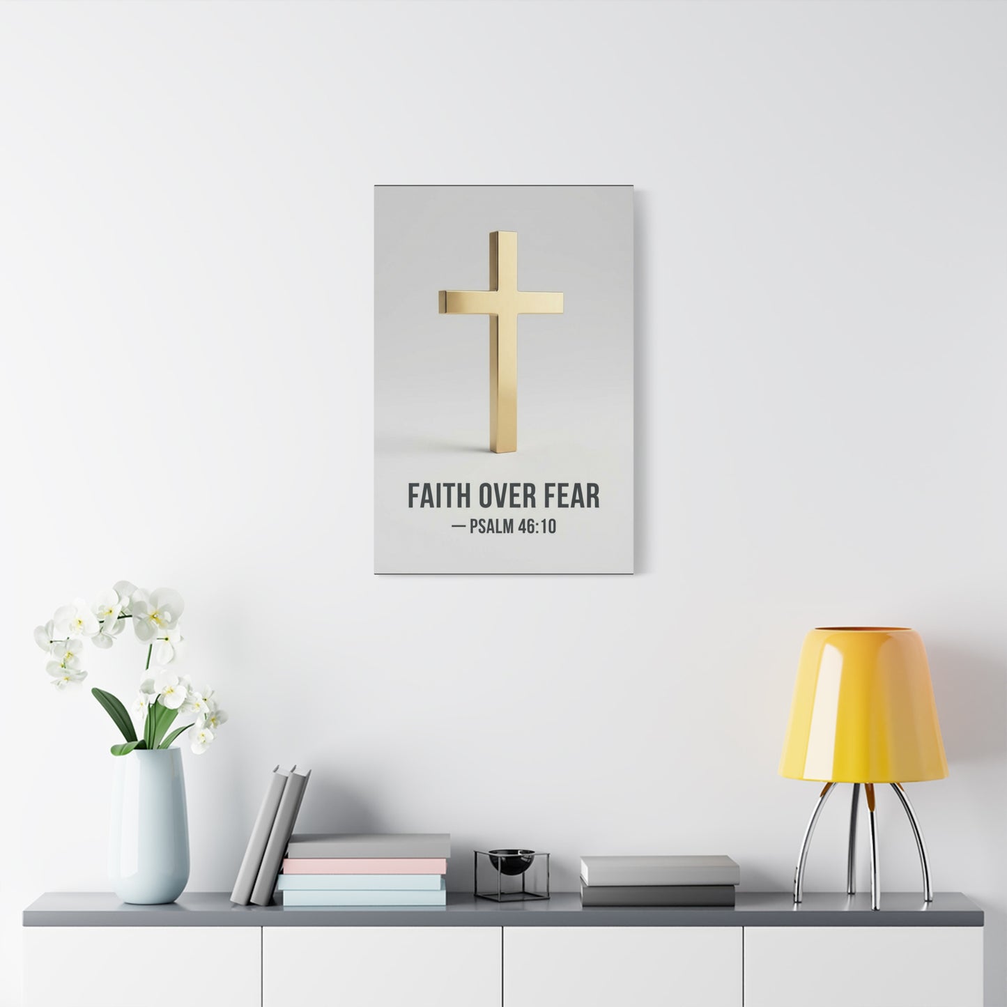 "Faith Over Fear" Psalm 46:10 Cross Canvas Wall Art - Gold Christian Scripture Print, Minimalist Religious Wall Decor - Modern Bedroom Home Decoration - Bedroom Home Decoration - Cozy Reading Nook Art